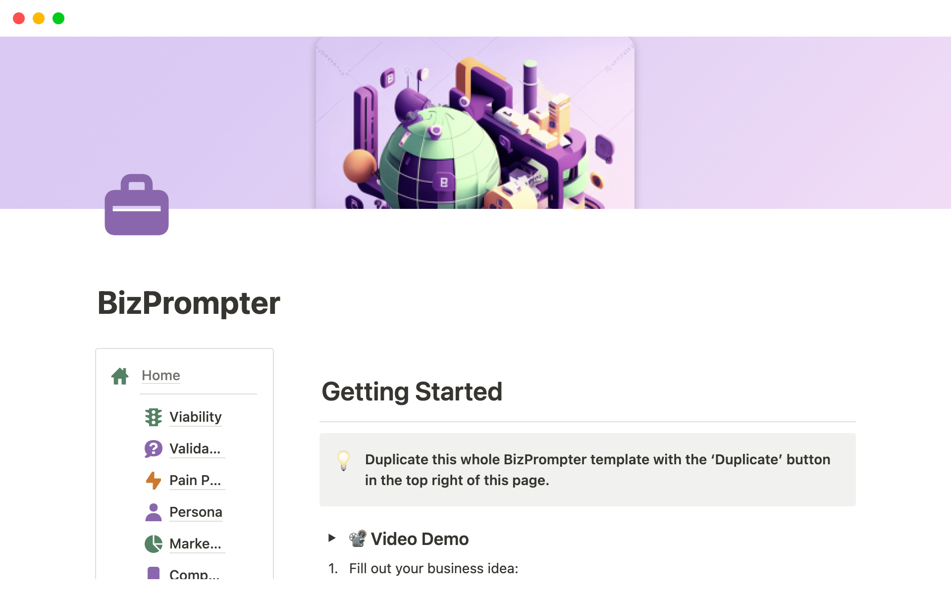 A template preview for BizPrompter: Notion AI Business Validator