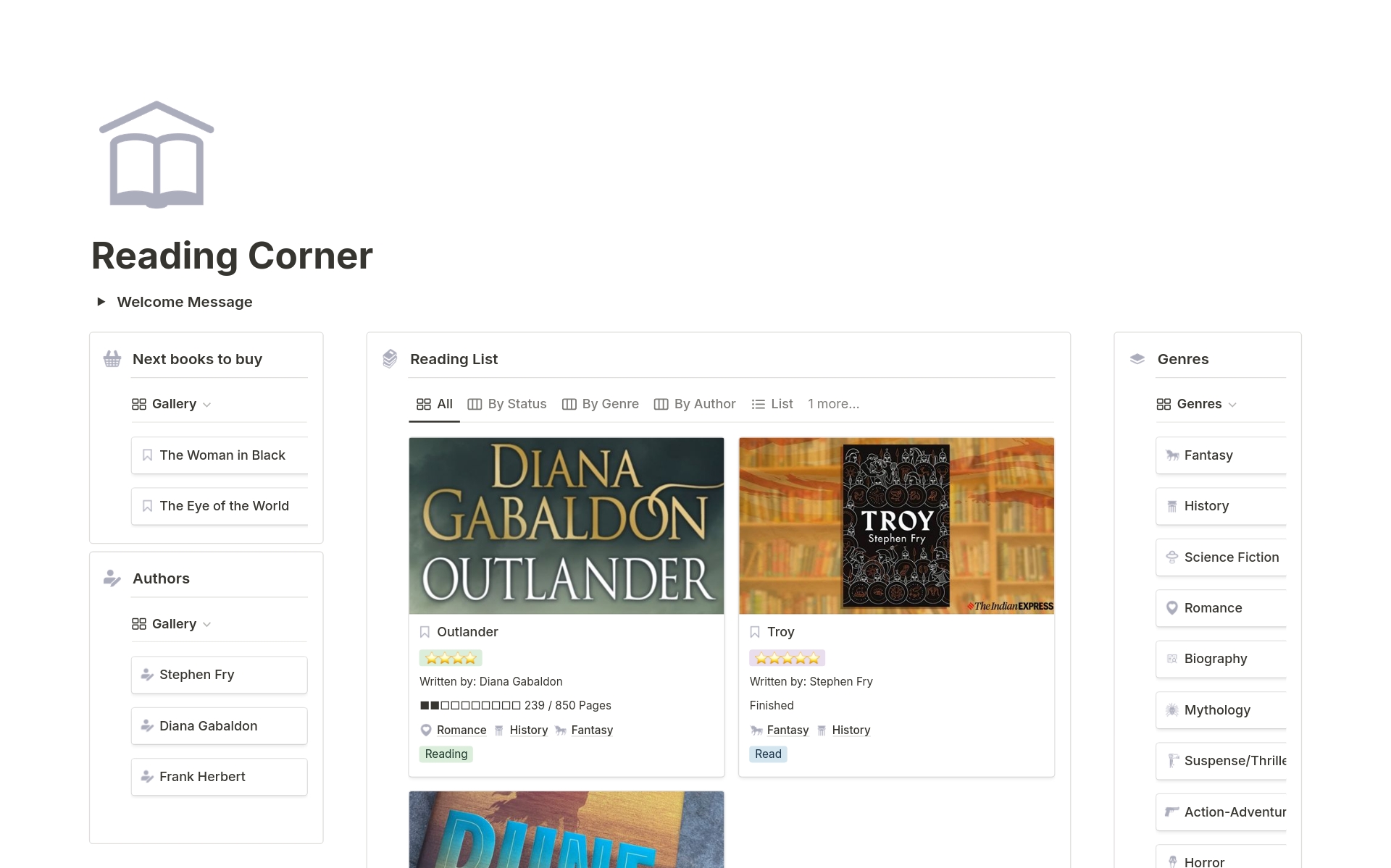 What you can do:

Add new Books

Categorize them by Genre and Author

Track your Reading Progress

Add Details Like Rating, Status, Genre, Author

Create a Beautiful Library of Your Favorite Books