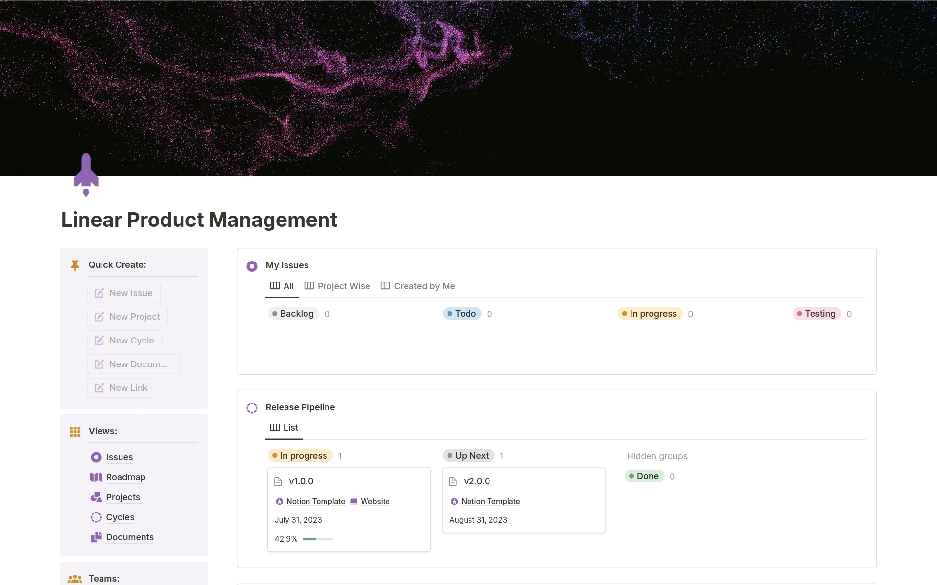 A template preview for Linear Product Management