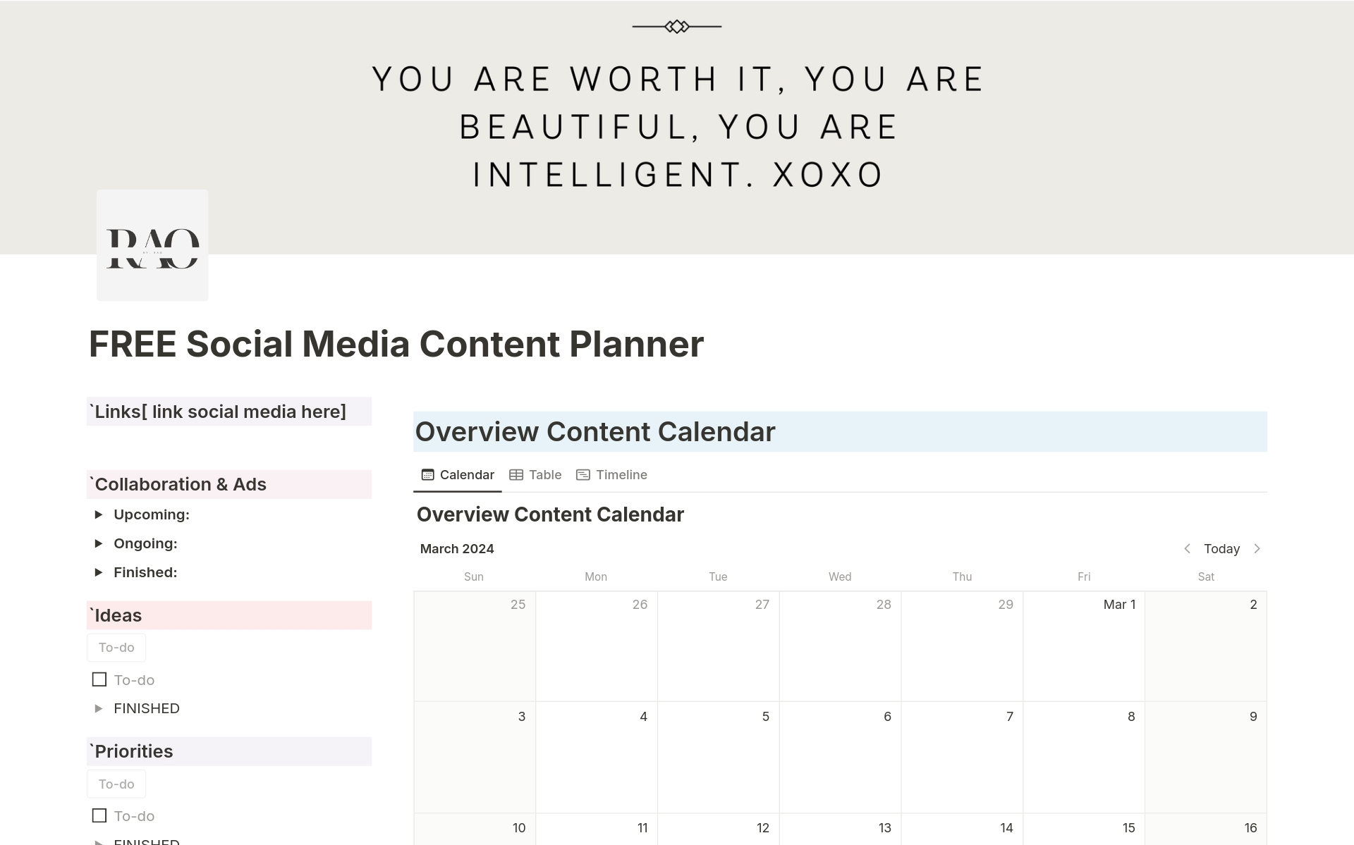 A template preview for Social Media Content Planner