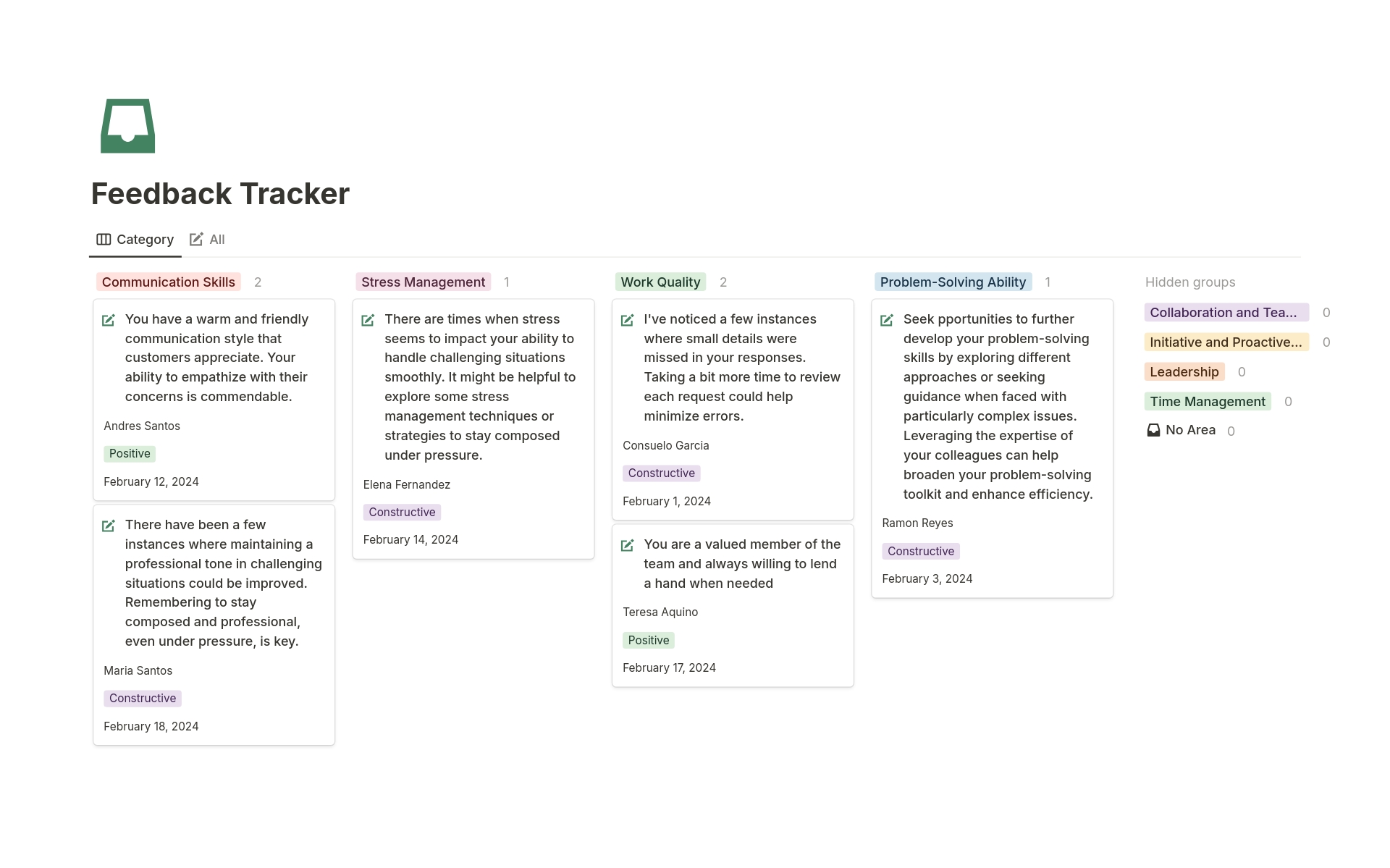 A template preview for Feedback Tracker