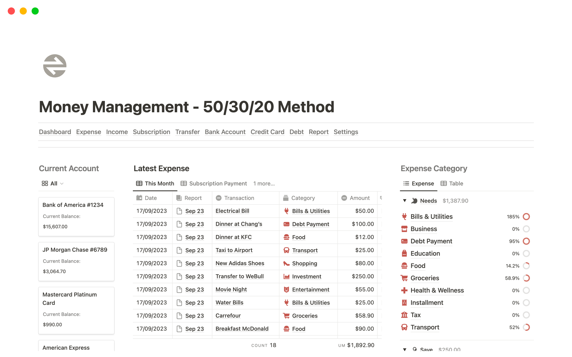 A template preview for Ultimate Money Management - 50/30/20 Method