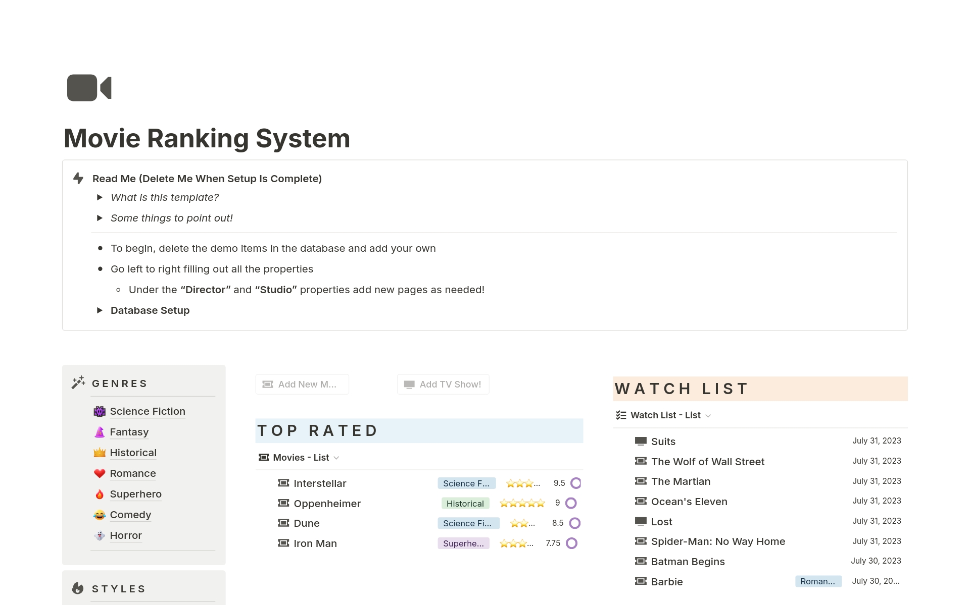 A template preview for Movie Ranking System