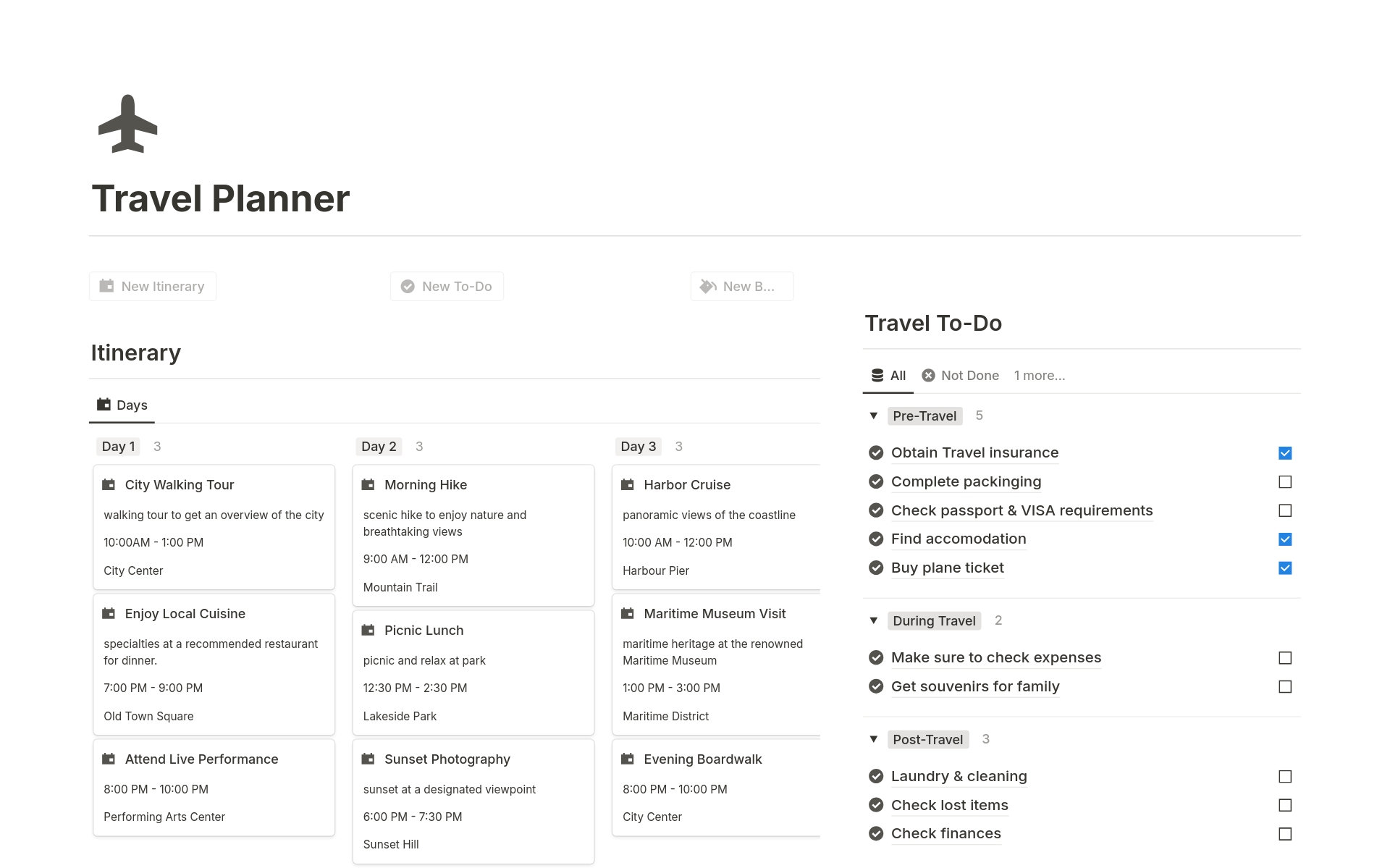 A template preview for Travel Planner