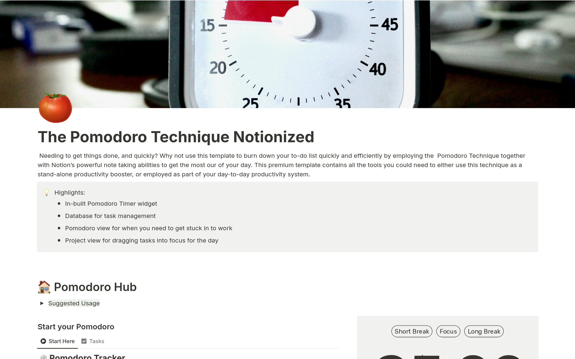 A template preview for Pomodoro Technique - Notionized