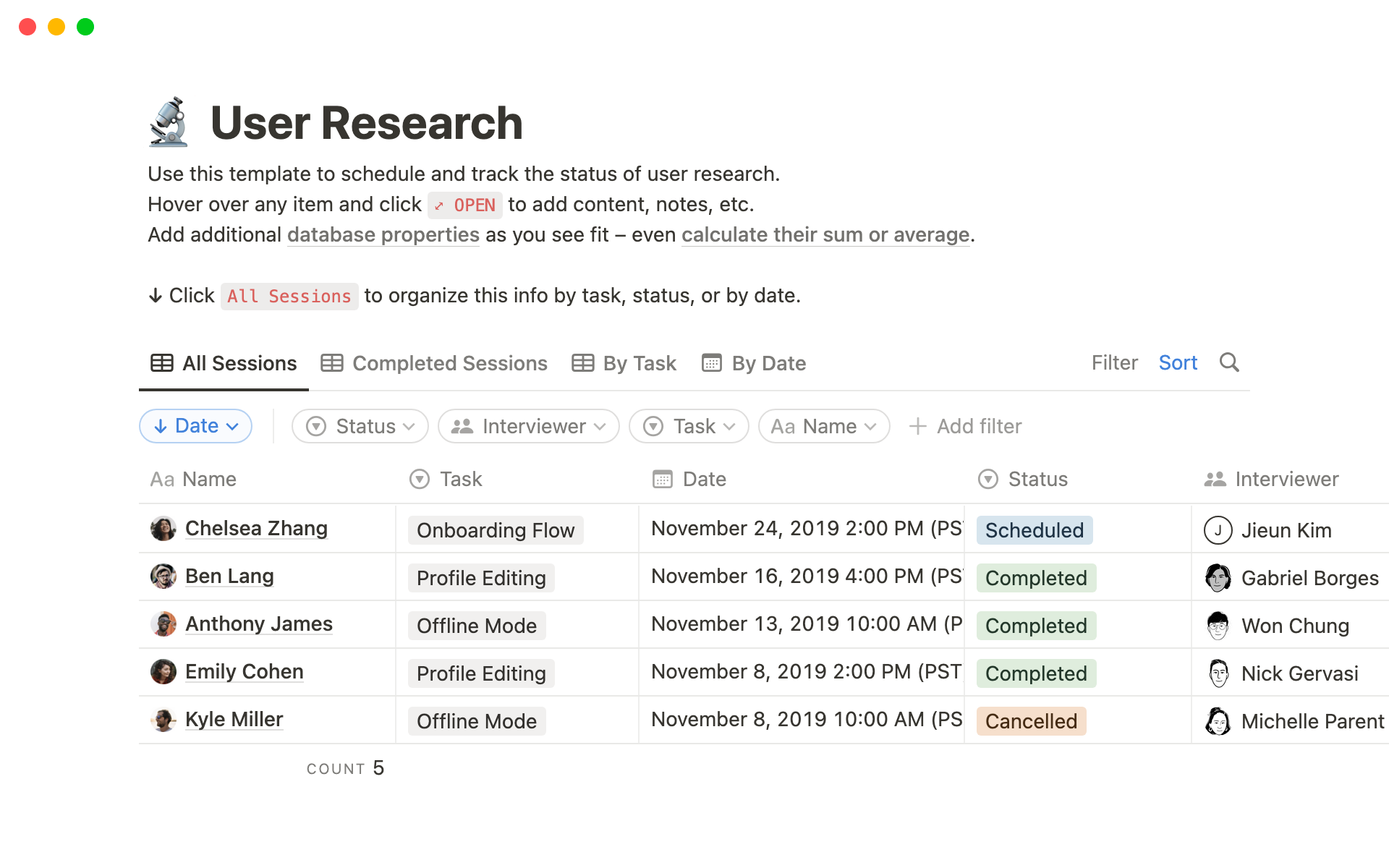 A template preview for User Research Database