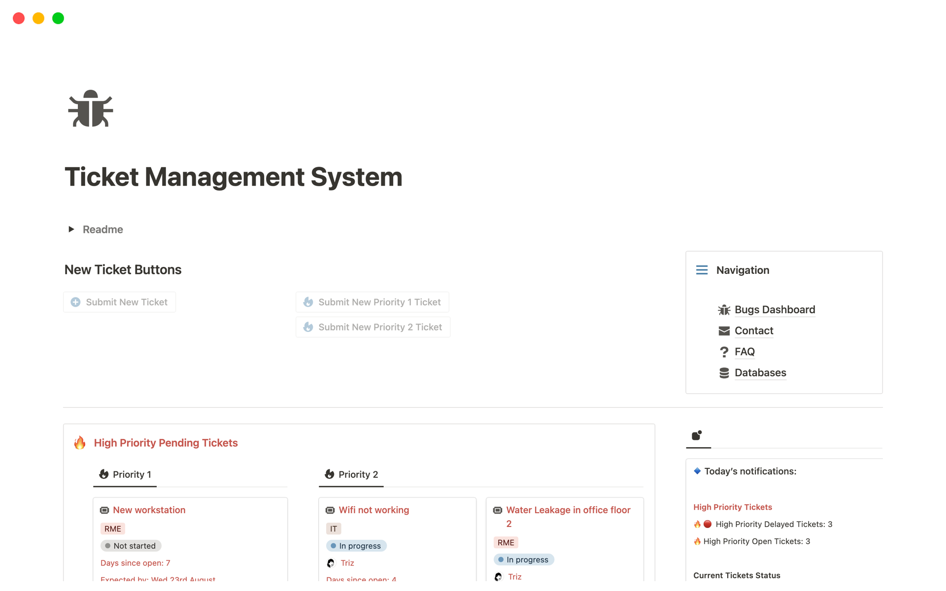 A template preview for Ticket Management System - Bugs Reporting