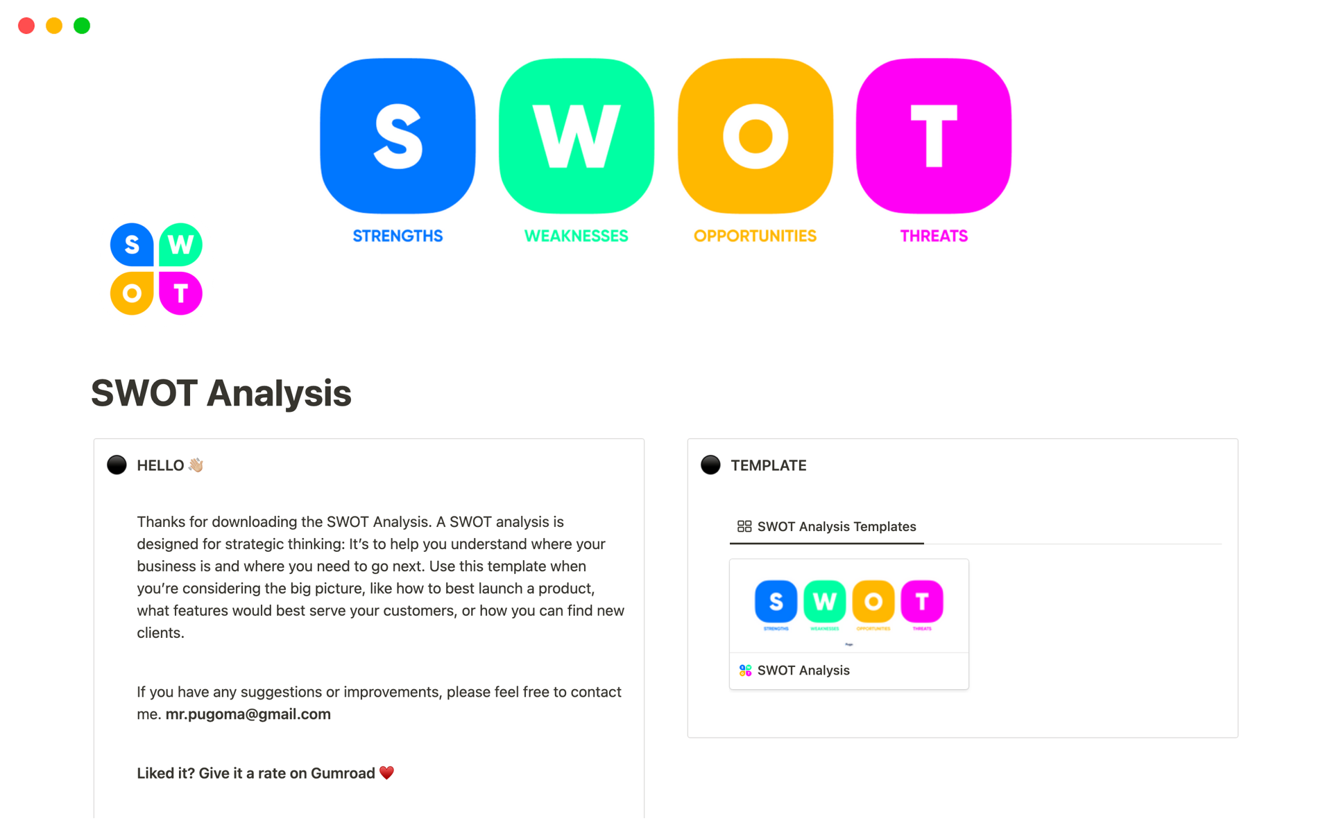 A template preview for SWOT Analysis