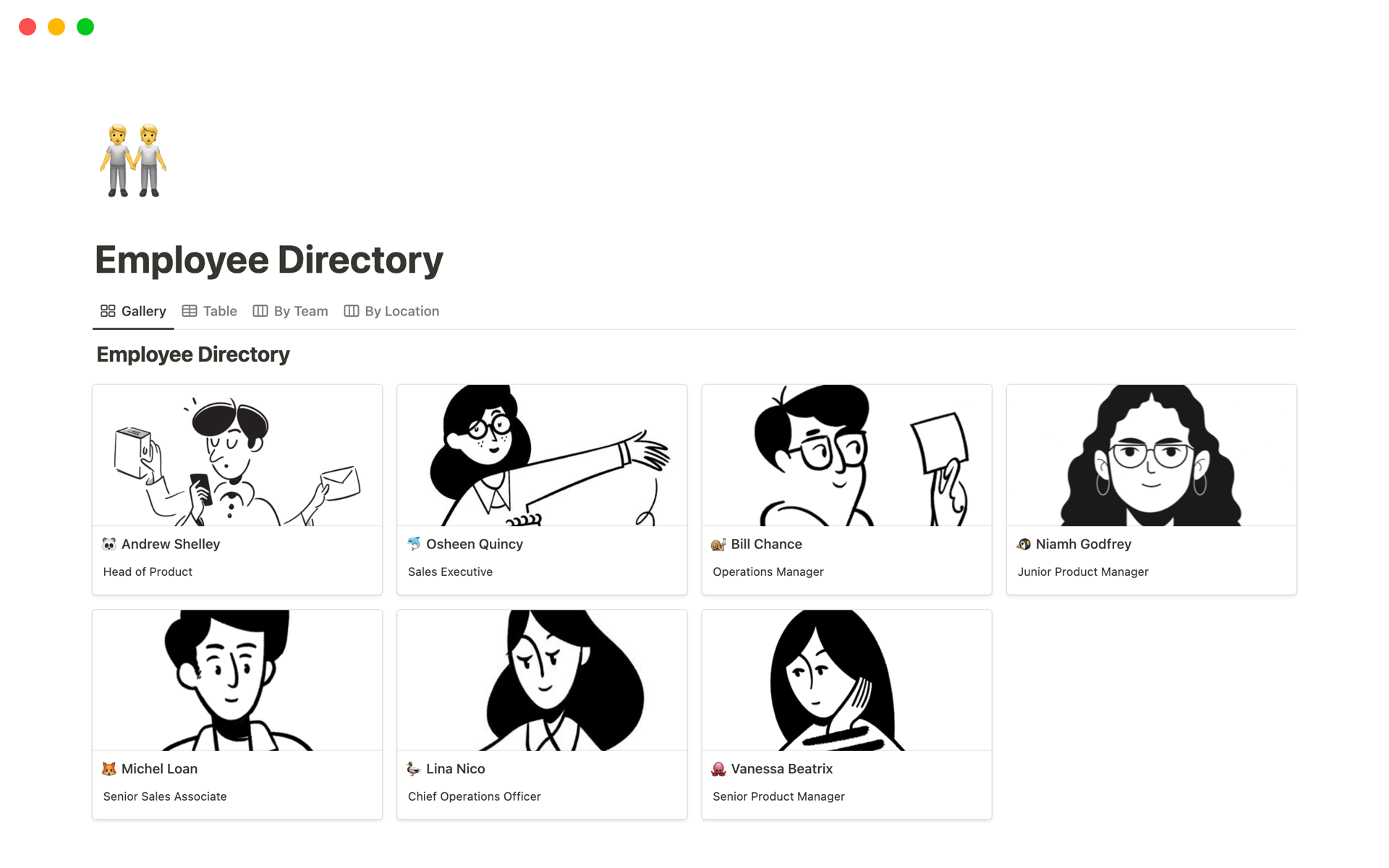 A template preview for Employee Directory