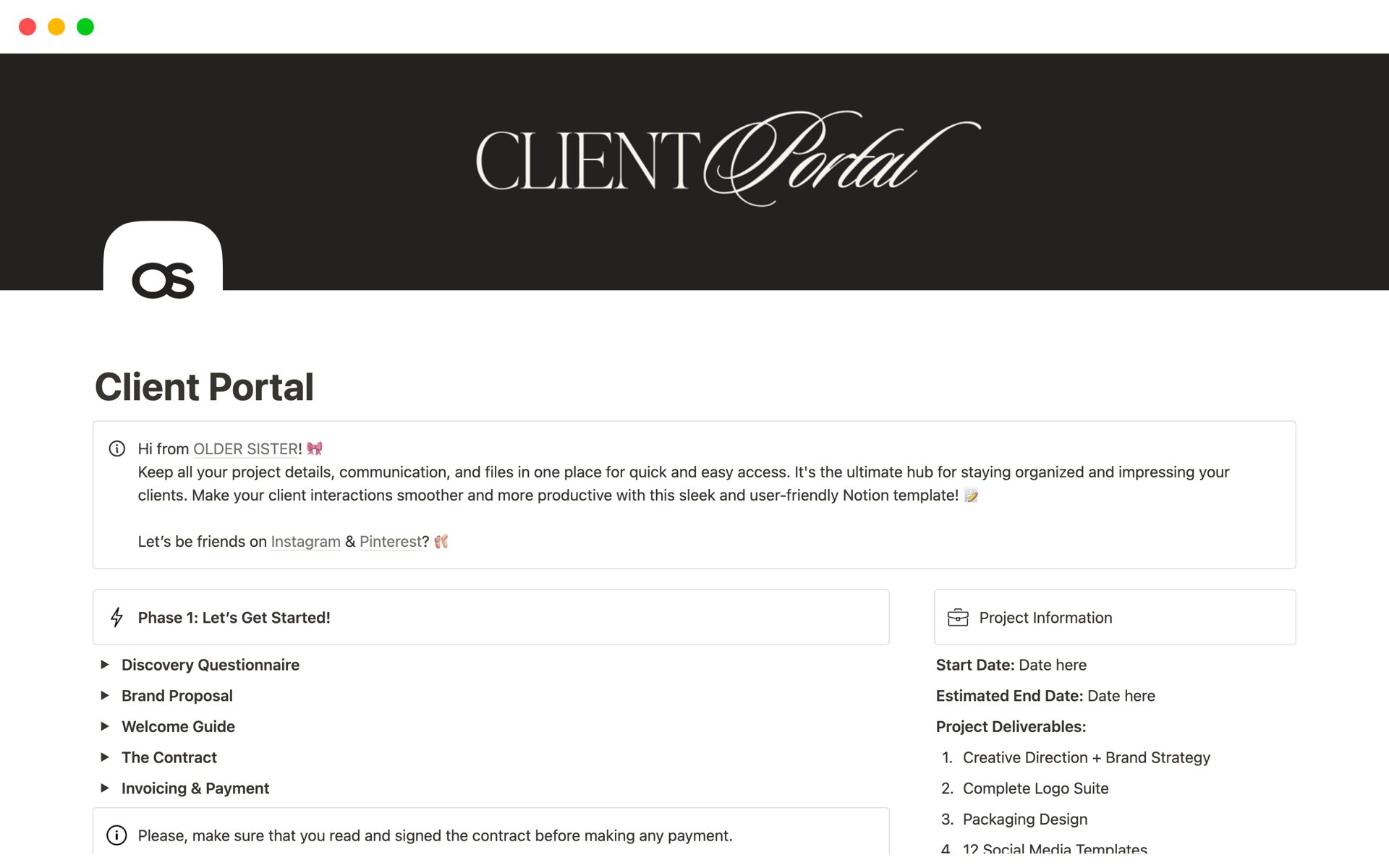 A template preview for Client Portal