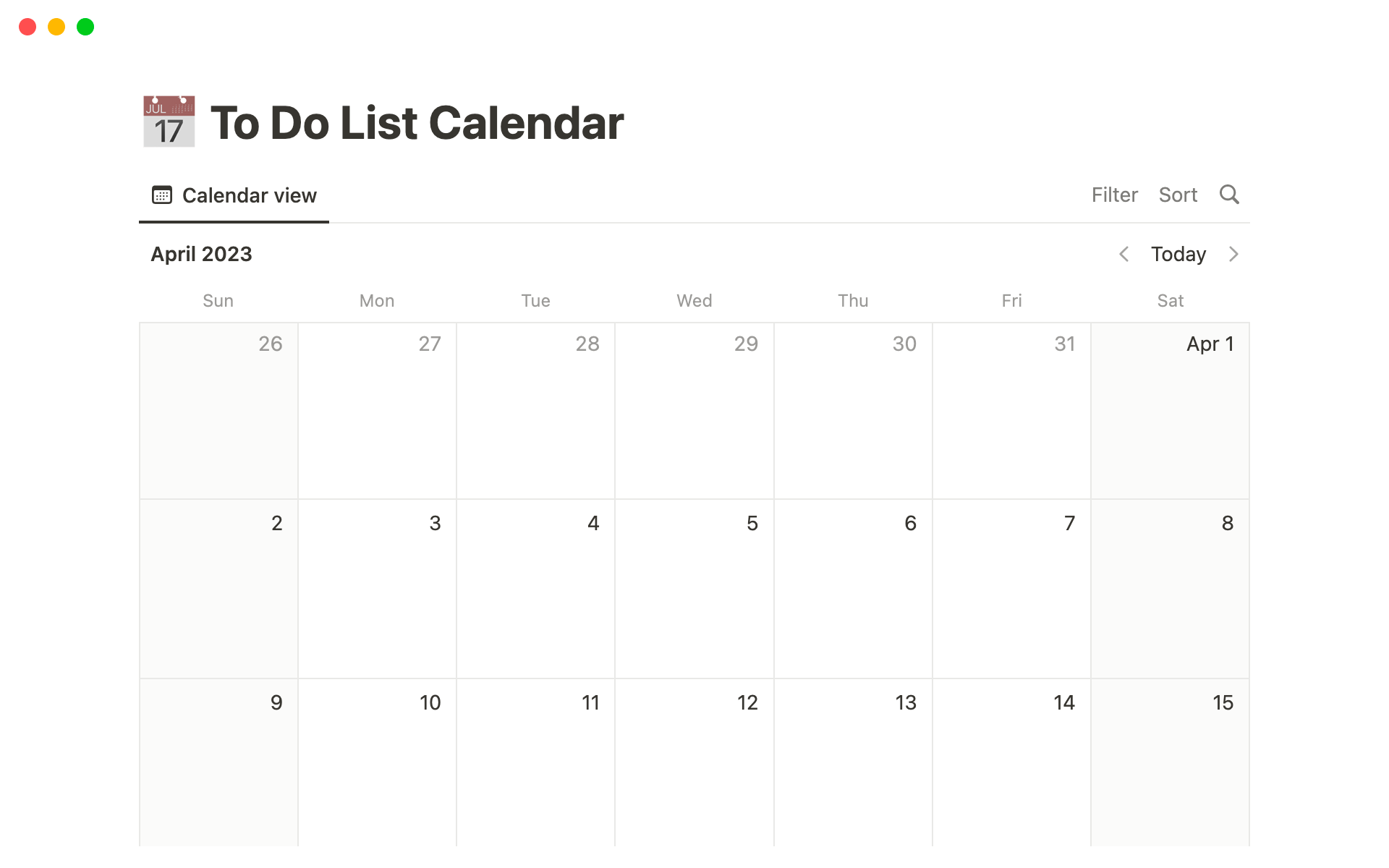 A template preview for To Do List Calendar