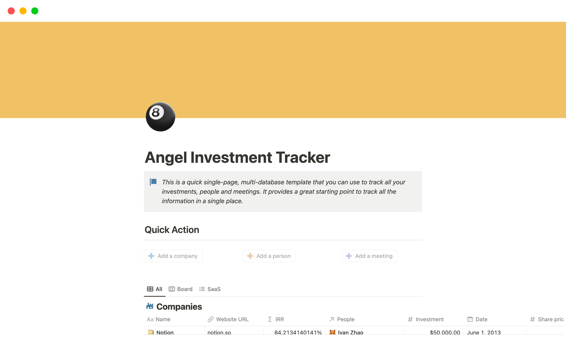 A template preview for Angel Investment Tracker