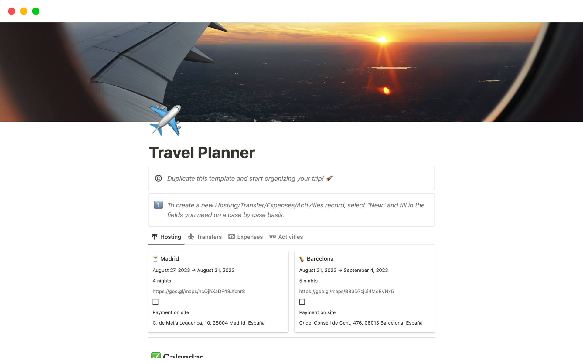 A template preview for Travel Planner