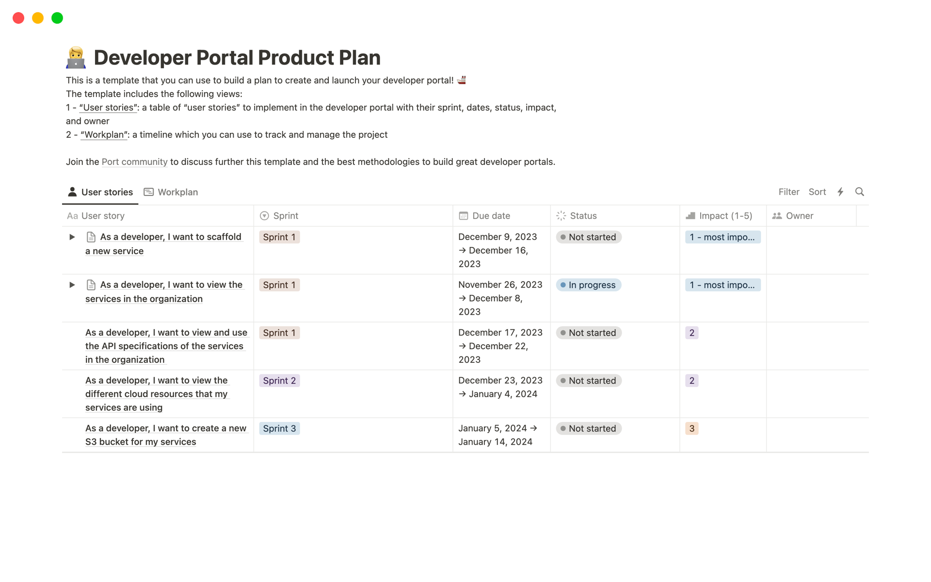 A template preview for Developer Portal Product Plan