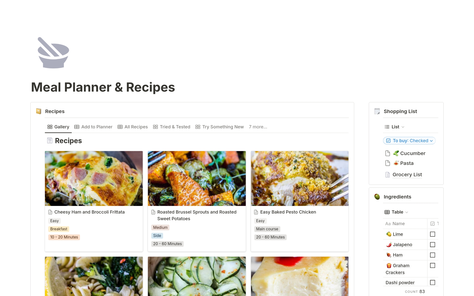 What you can do:
Add new recipes
Plan your meals weekly by course type (breakfast, main course, dinner, etc.)
Grow your list of ingredients
Easily add ingredients to the shopping list
Filter your recipes easily by ingredients, course, cuisine, time, difficulty, etc.