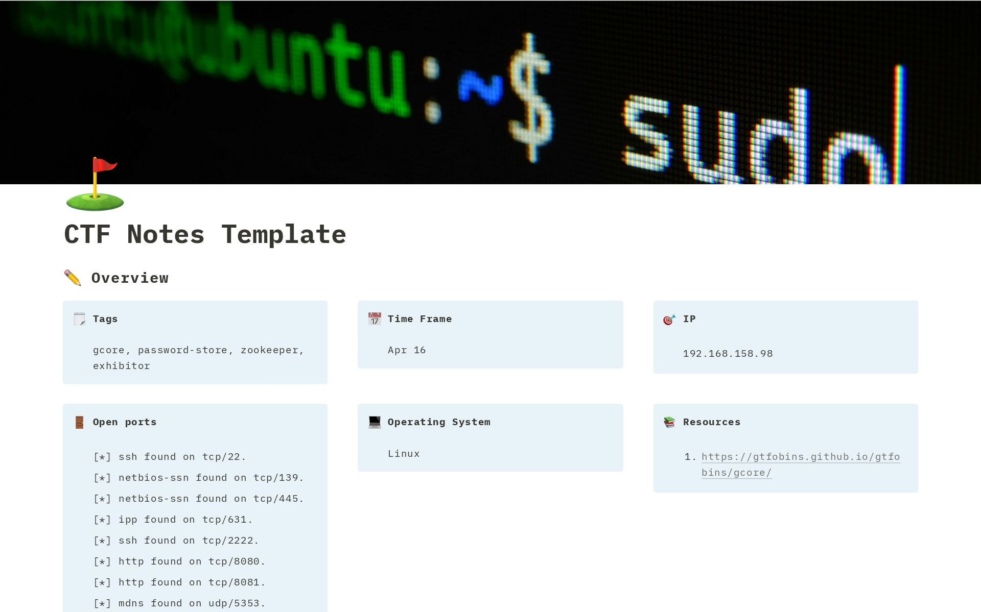 A template preview for CTF Notes