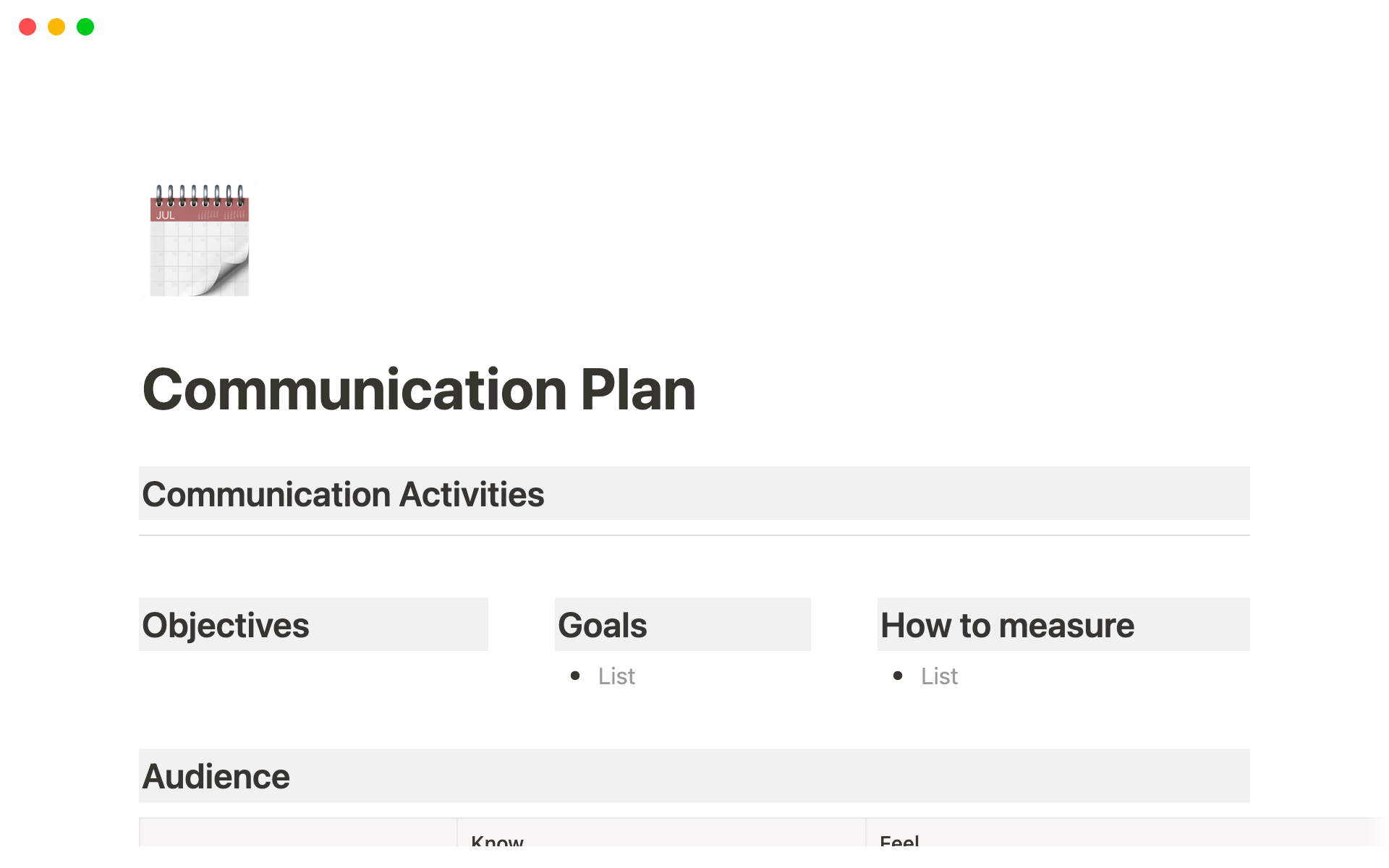 A template preview for Communication Plan