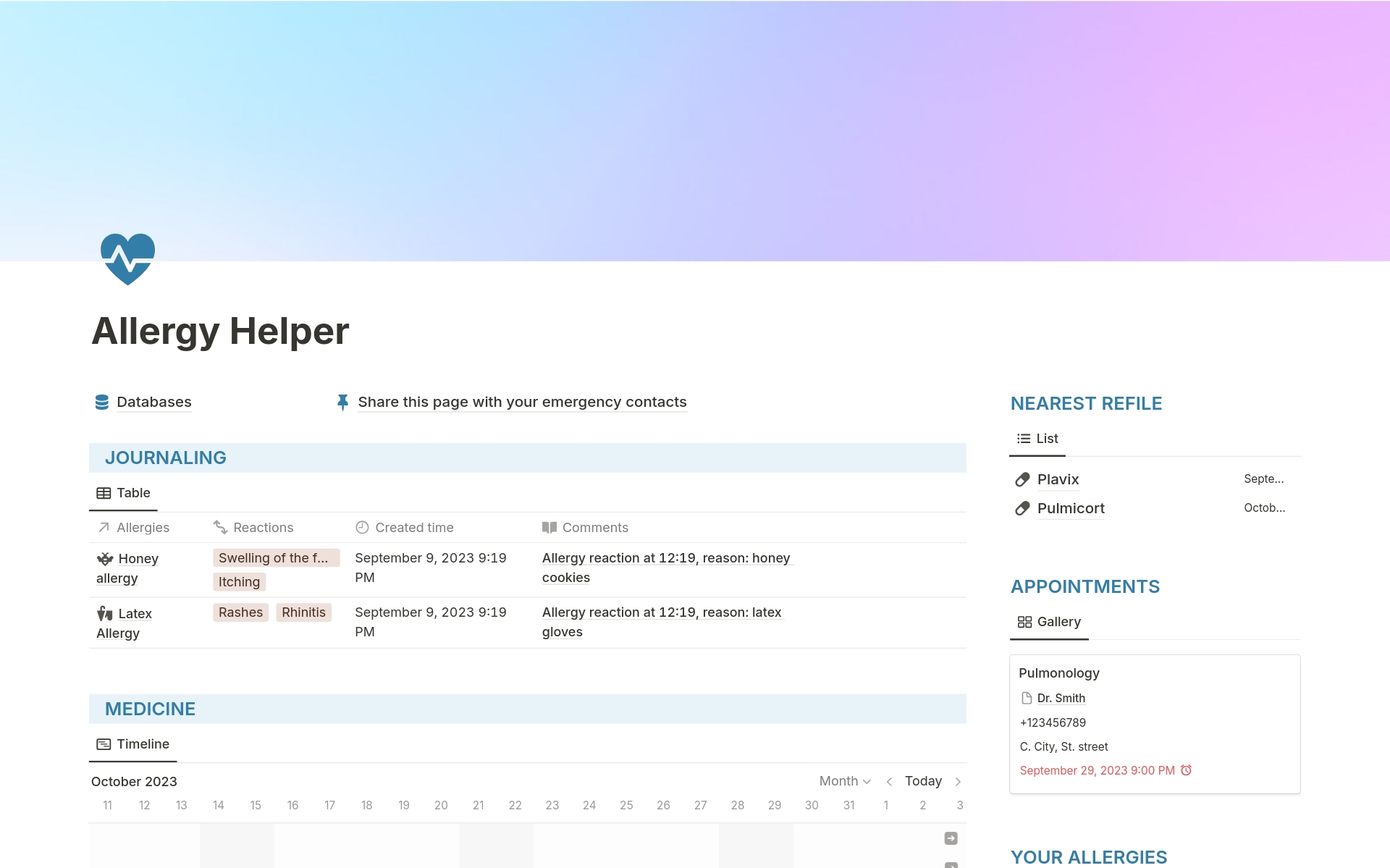 A template preview for Allergy Helper: Track Allergies and Health History