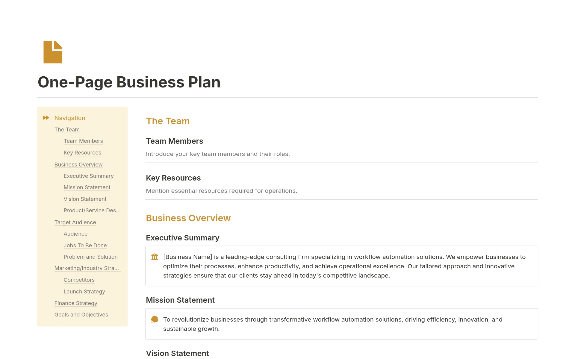 A template preview for One-Page Business Plan