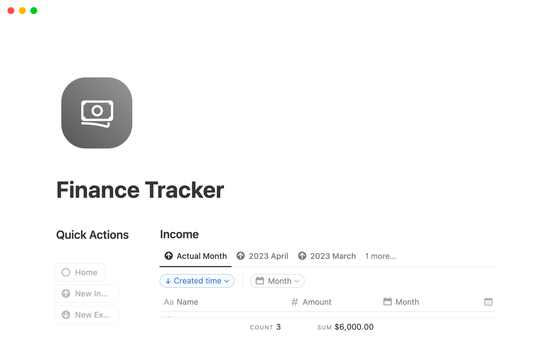 A template preview for Finance Tracker