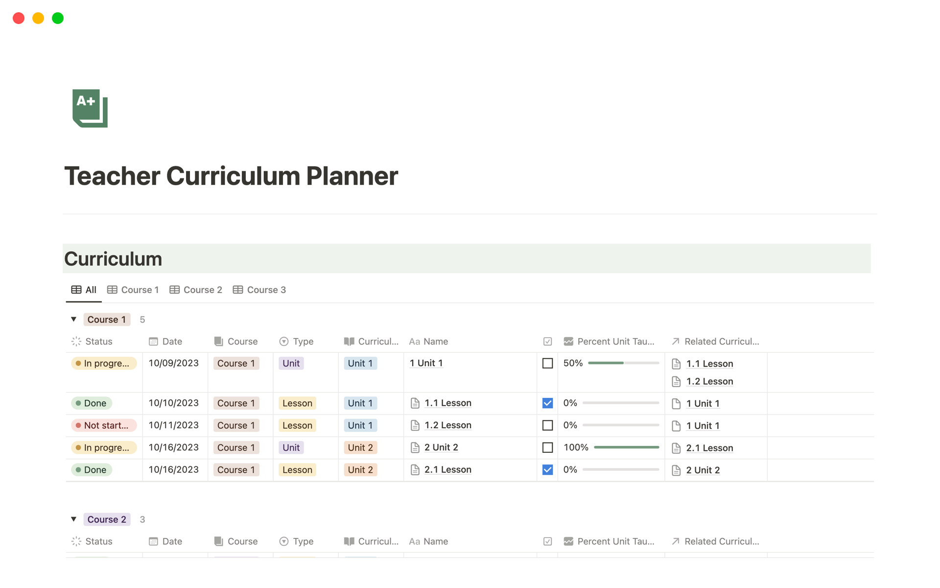 Organize your curriculum and track your planning with an all-in-one database.