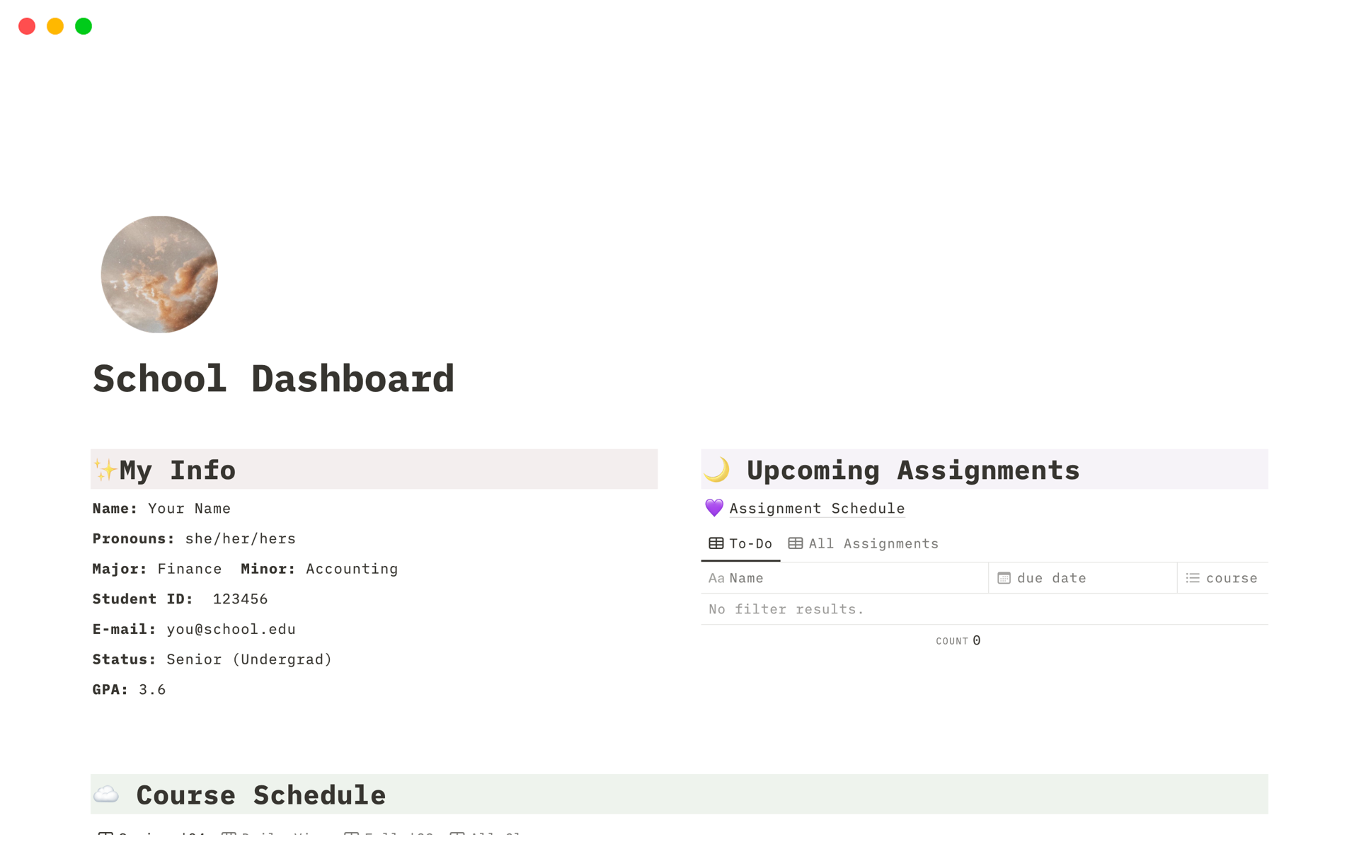 A template preview for School Dashboard