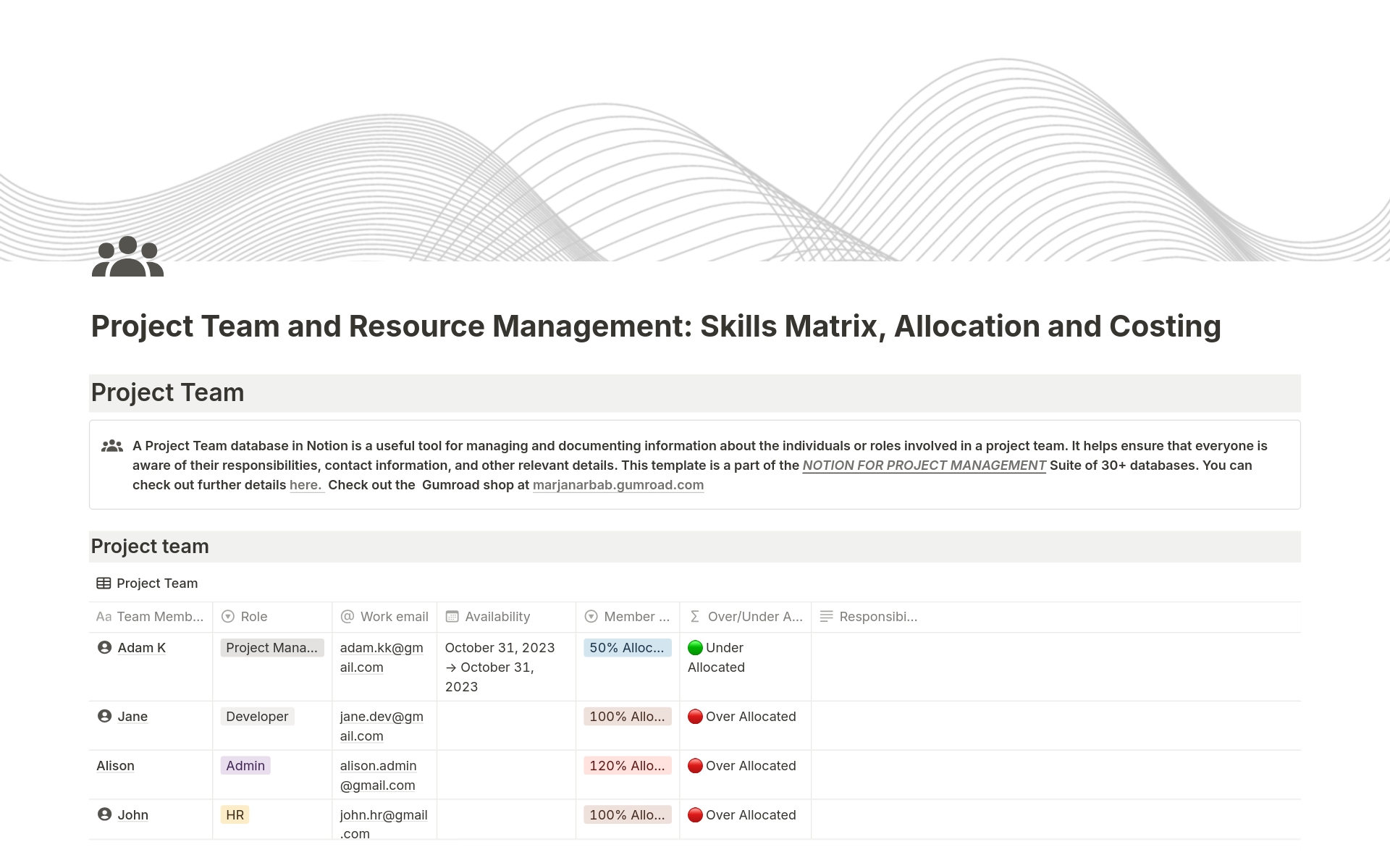 A template preview for Project Team and Resource Management