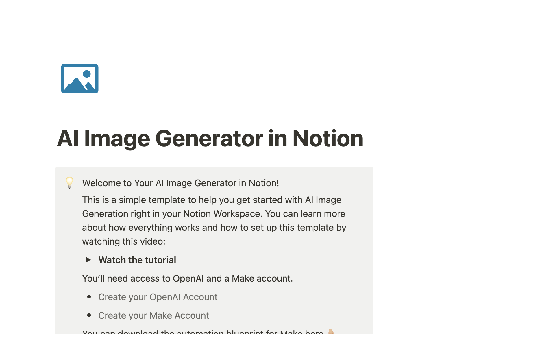 A template preview for AI Image Generator in Notion