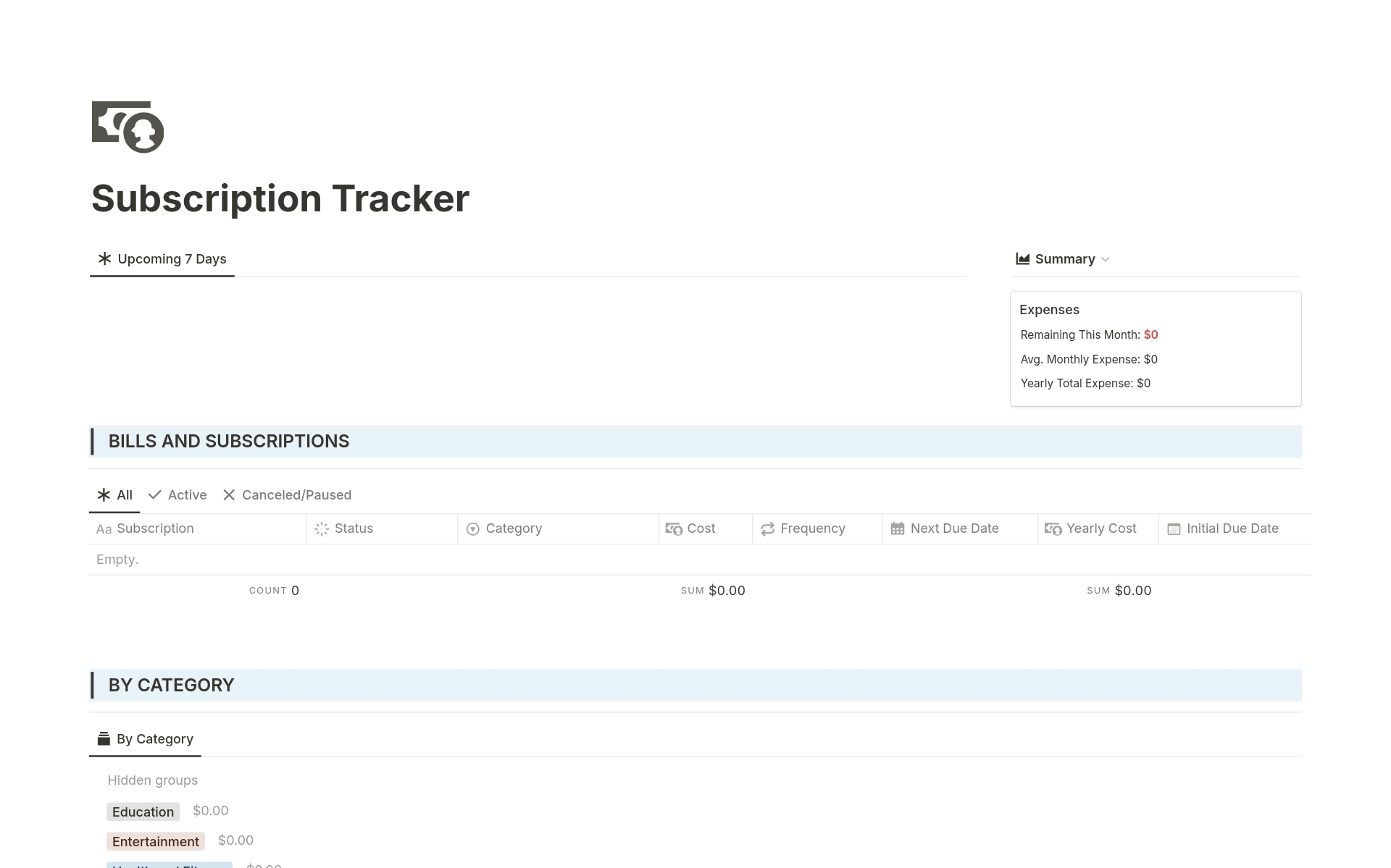 A template preview for Subscription Tracker