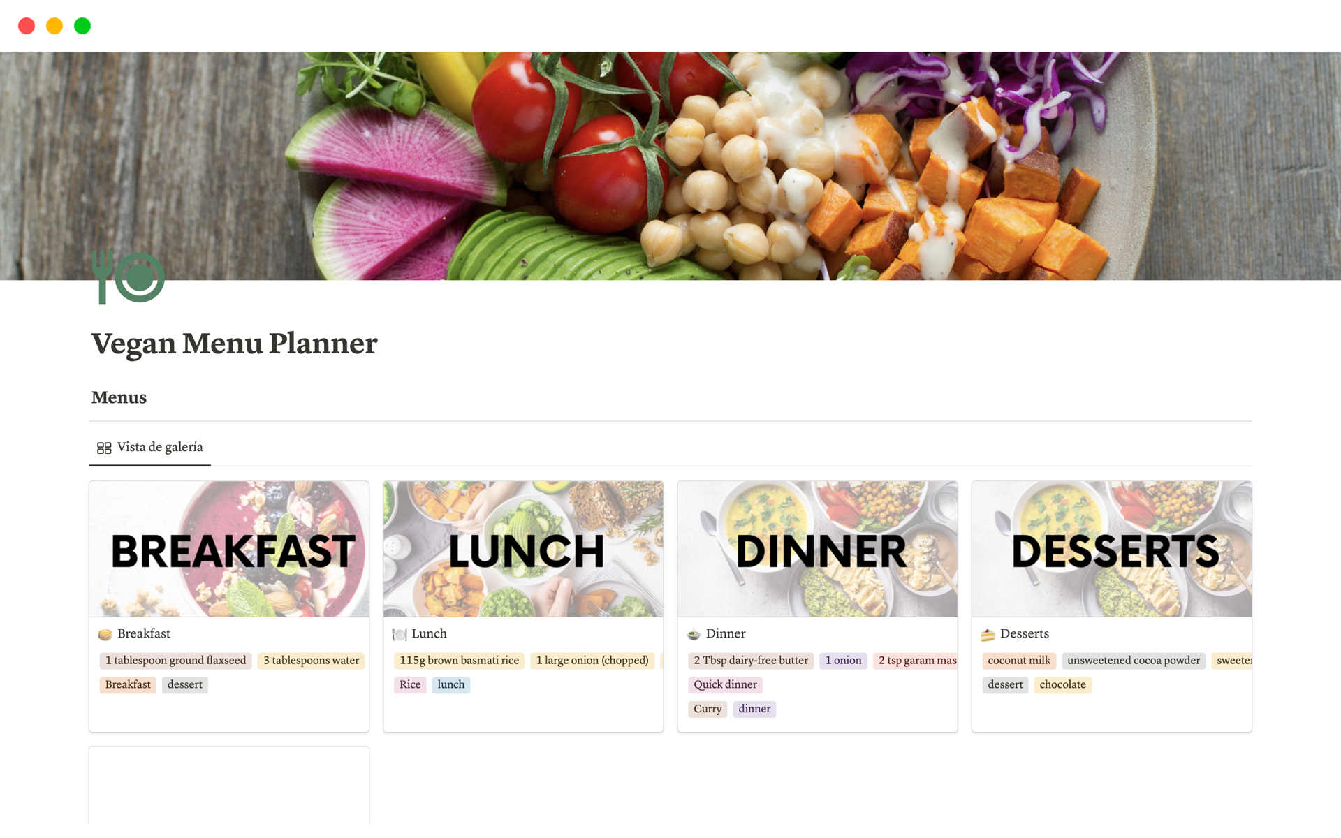 A template preview for Vegan Menu Planner