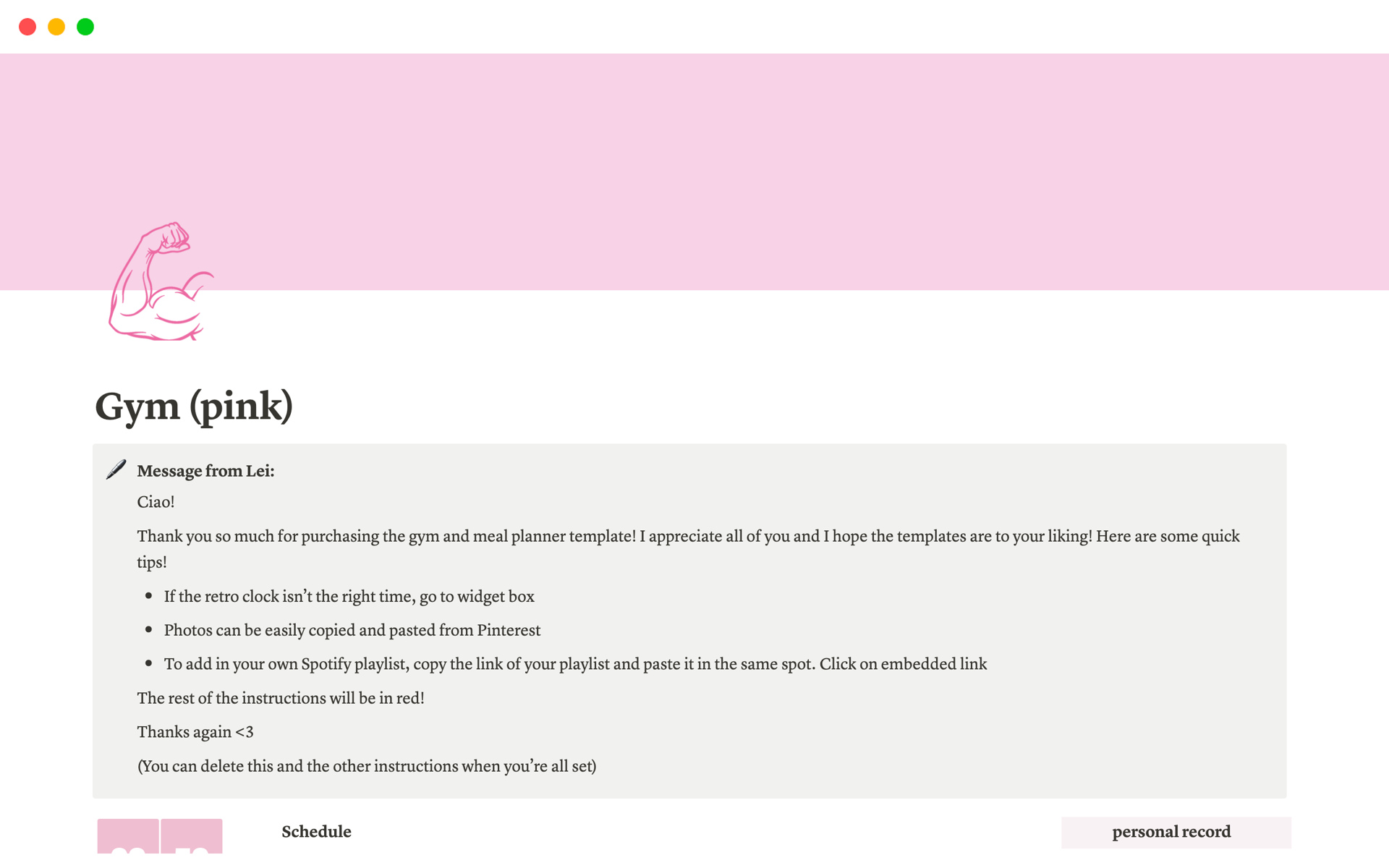 A template preview for Gym and Meal Planner (Pink Version)