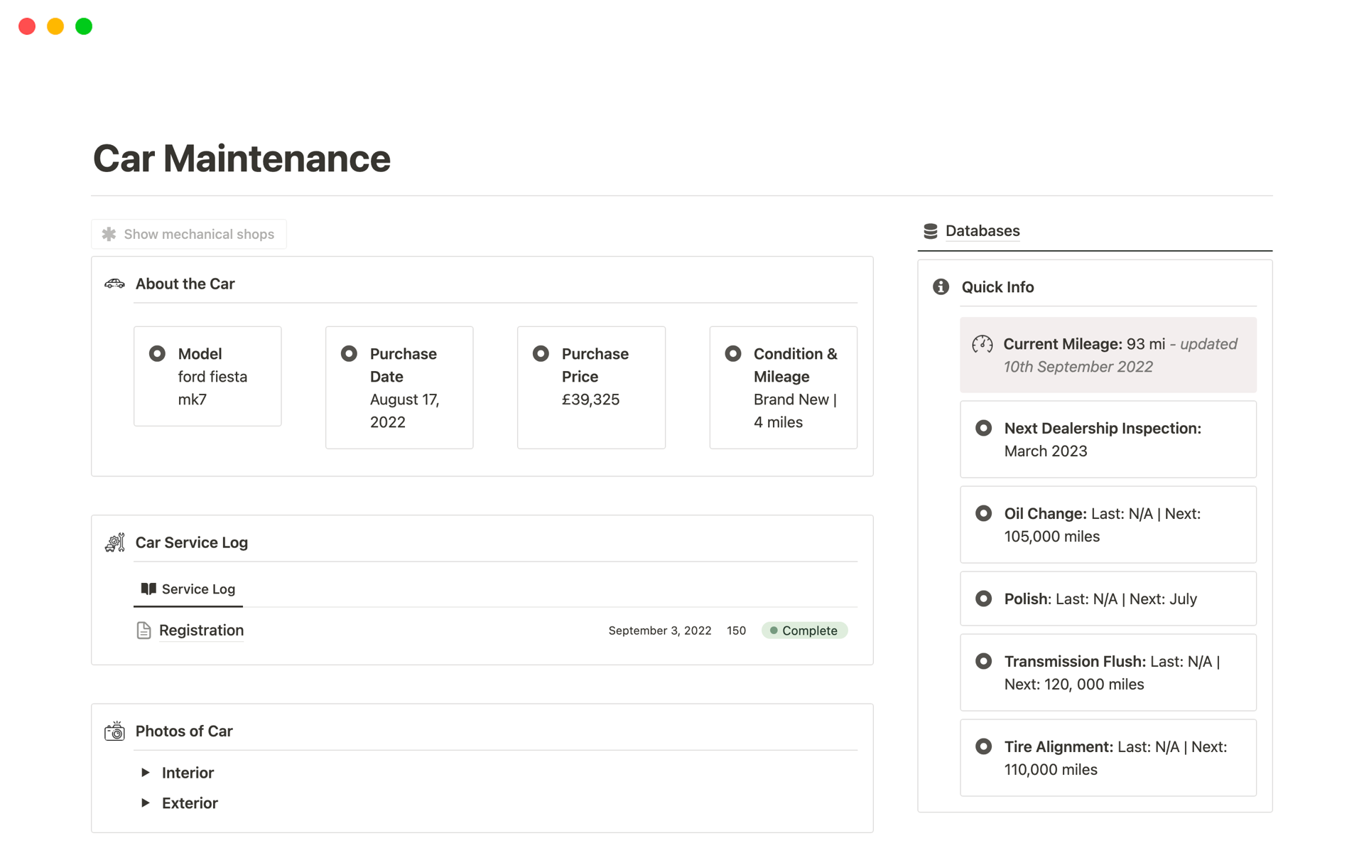 A template preview for Car Maintenance Helper