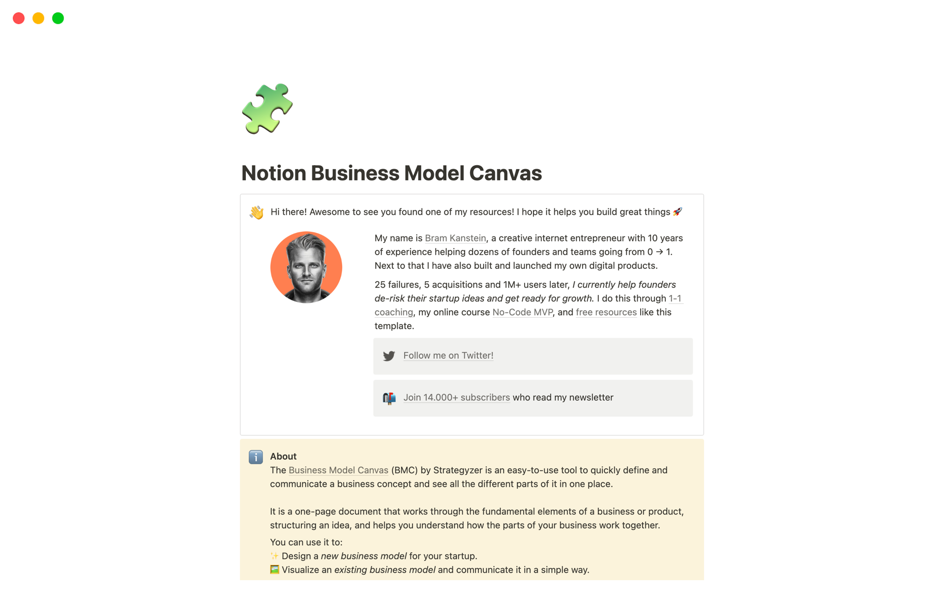 A template preview for Notion Business Model Canvas