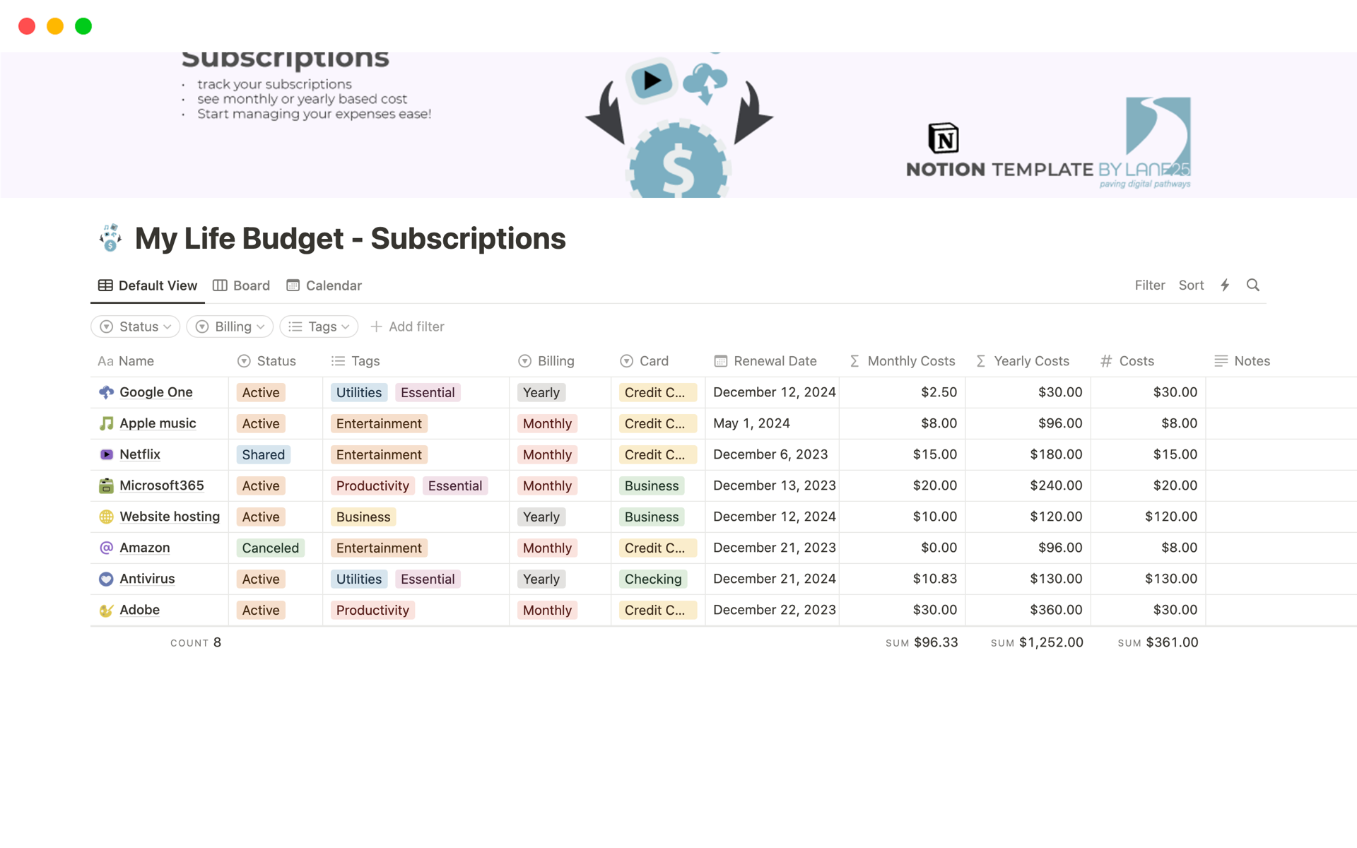 A template preview for My Life Budget - Subscriptions