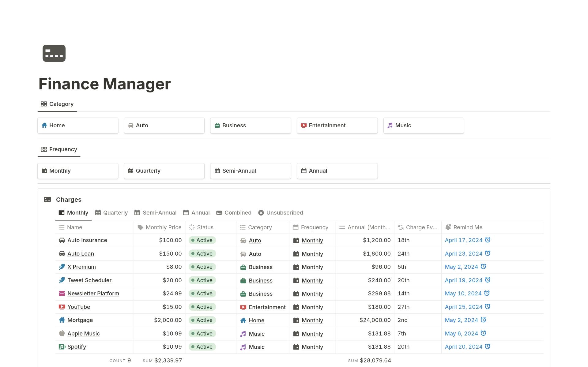 A template preview for Finance Manager