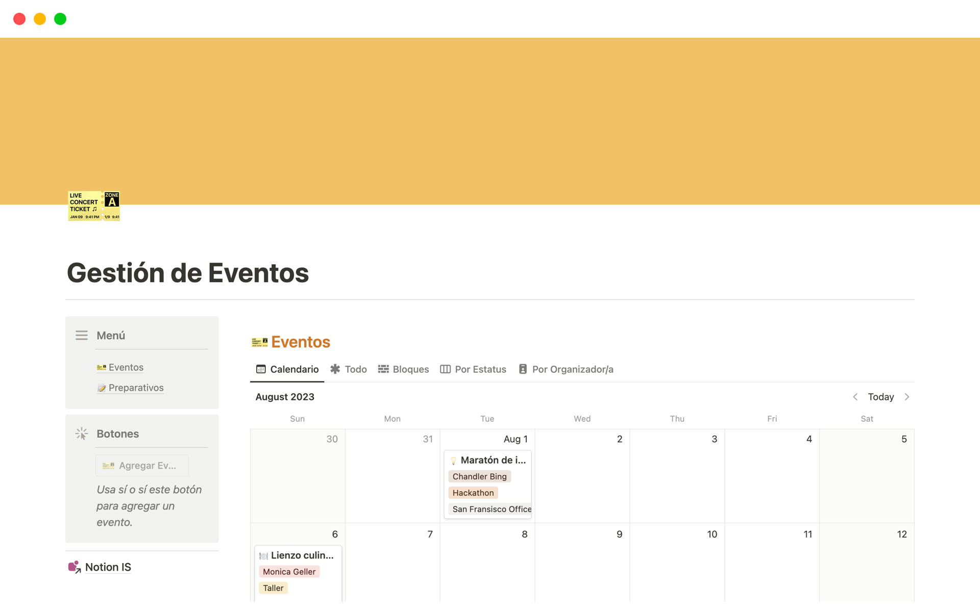 A template preview for Gestión de Eventos