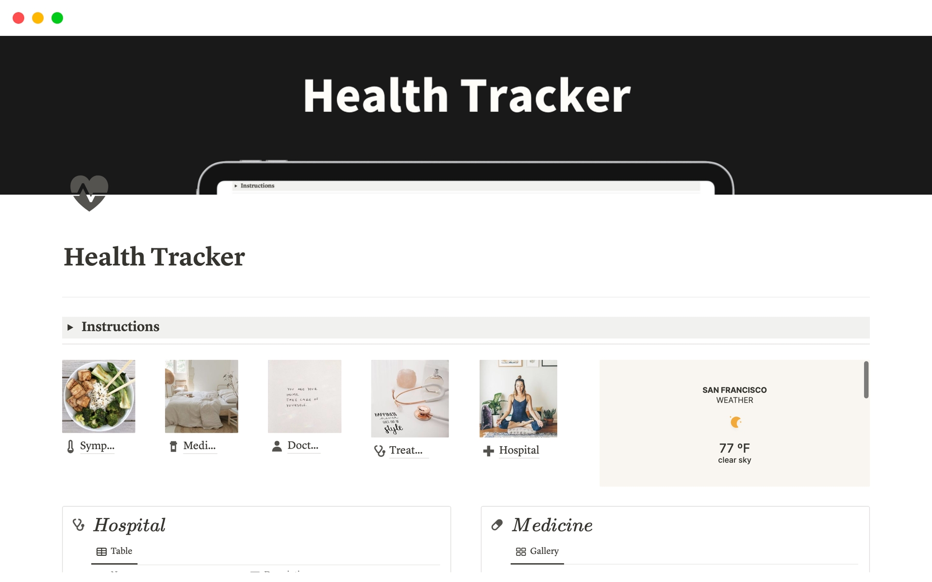 A template preview for Health Tracker