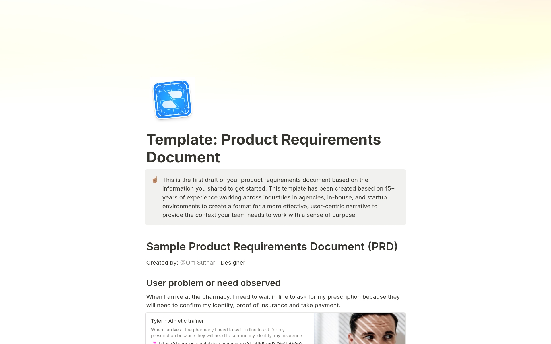 A template preview for Product Requirements Document