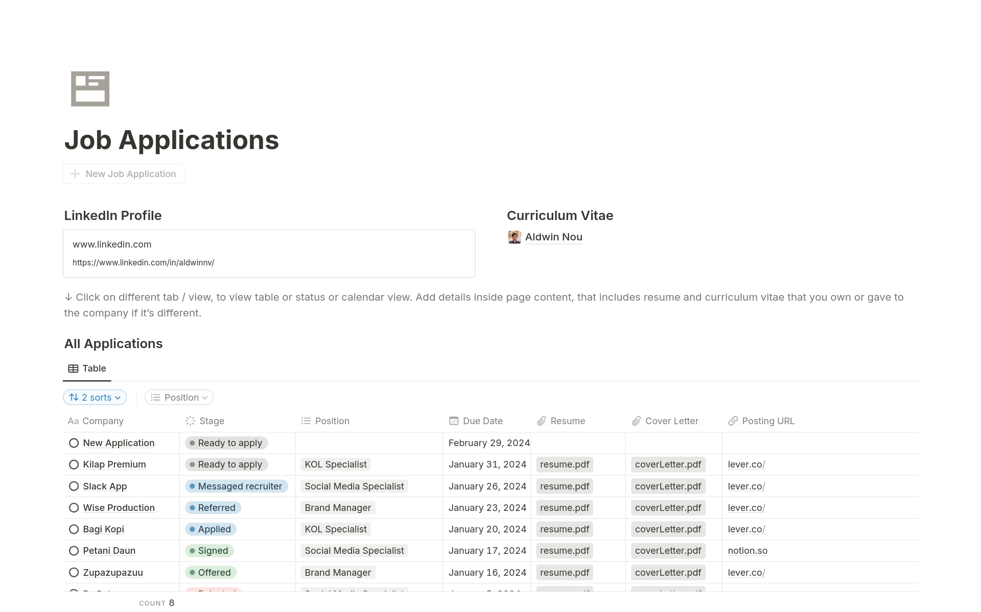 A template preview for Personal Job Application Tracker