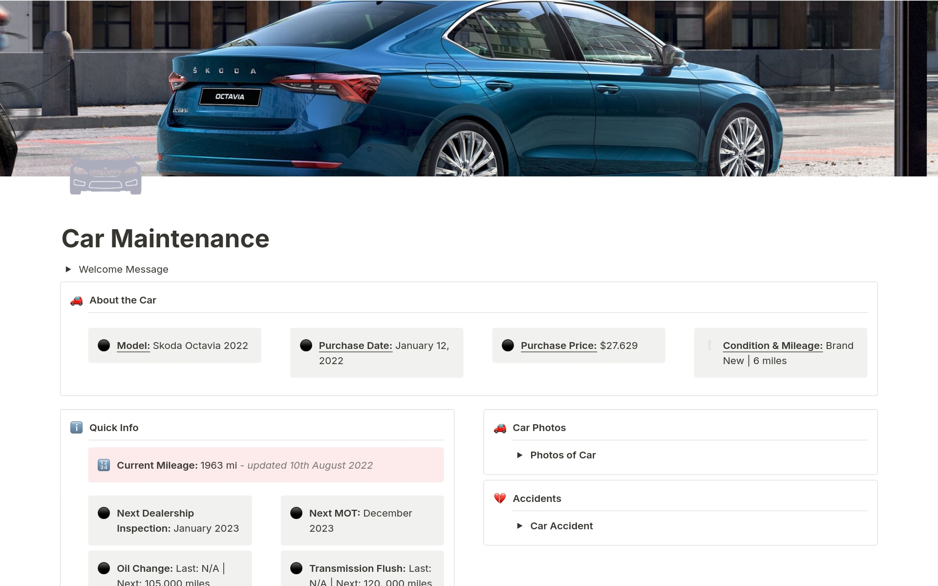 What you can do:

Add Basic Info About Your Car

Keep Track of Mileage, Oil changes & more

Keep Track of Your Service Log

Create a Photo Gallery

Write down Your Service Information

Databases Inside:

Service Log