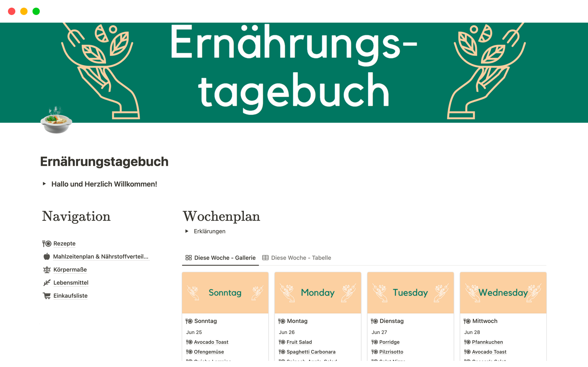 A template preview for Ernährungstagebuch