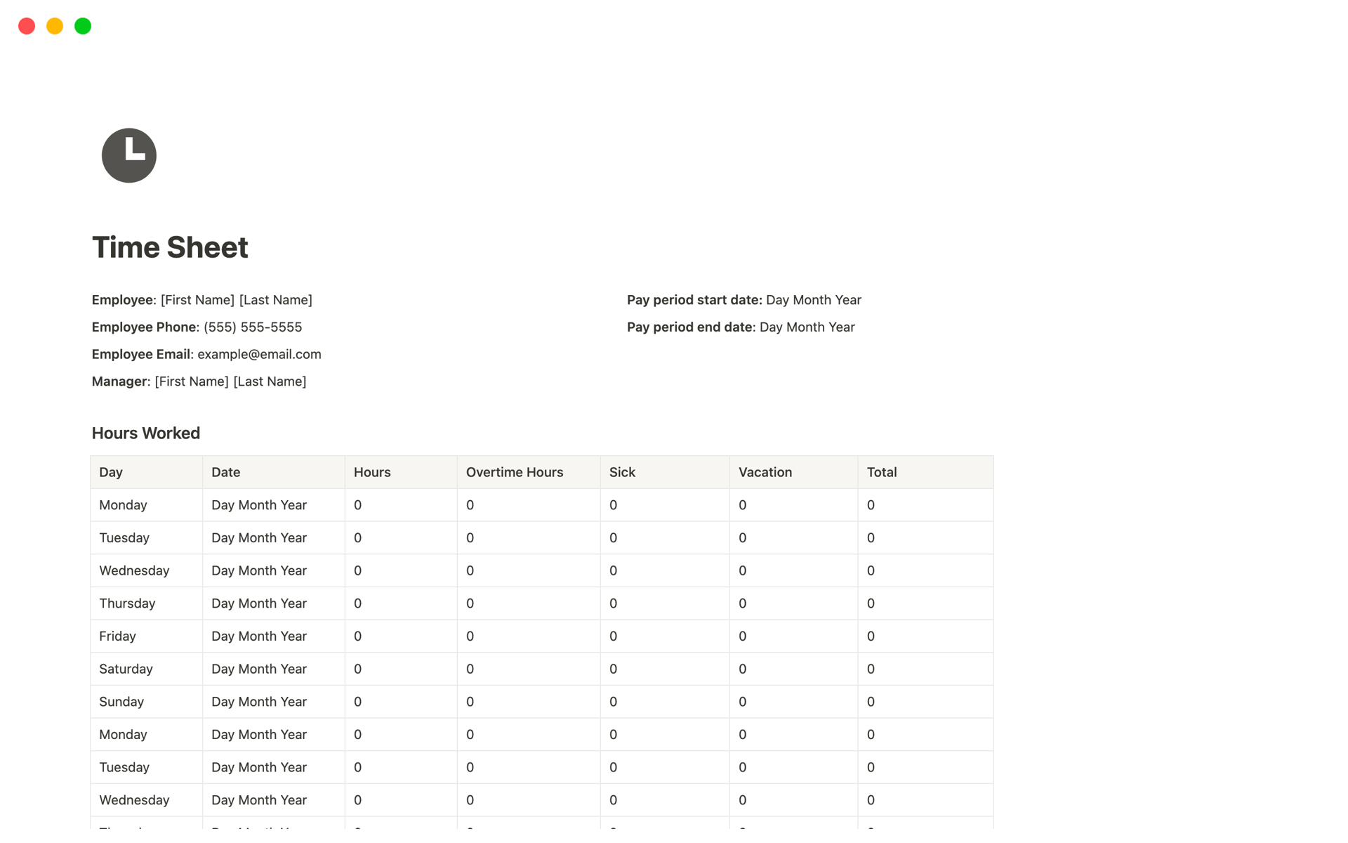 A template preview for Time Sheet