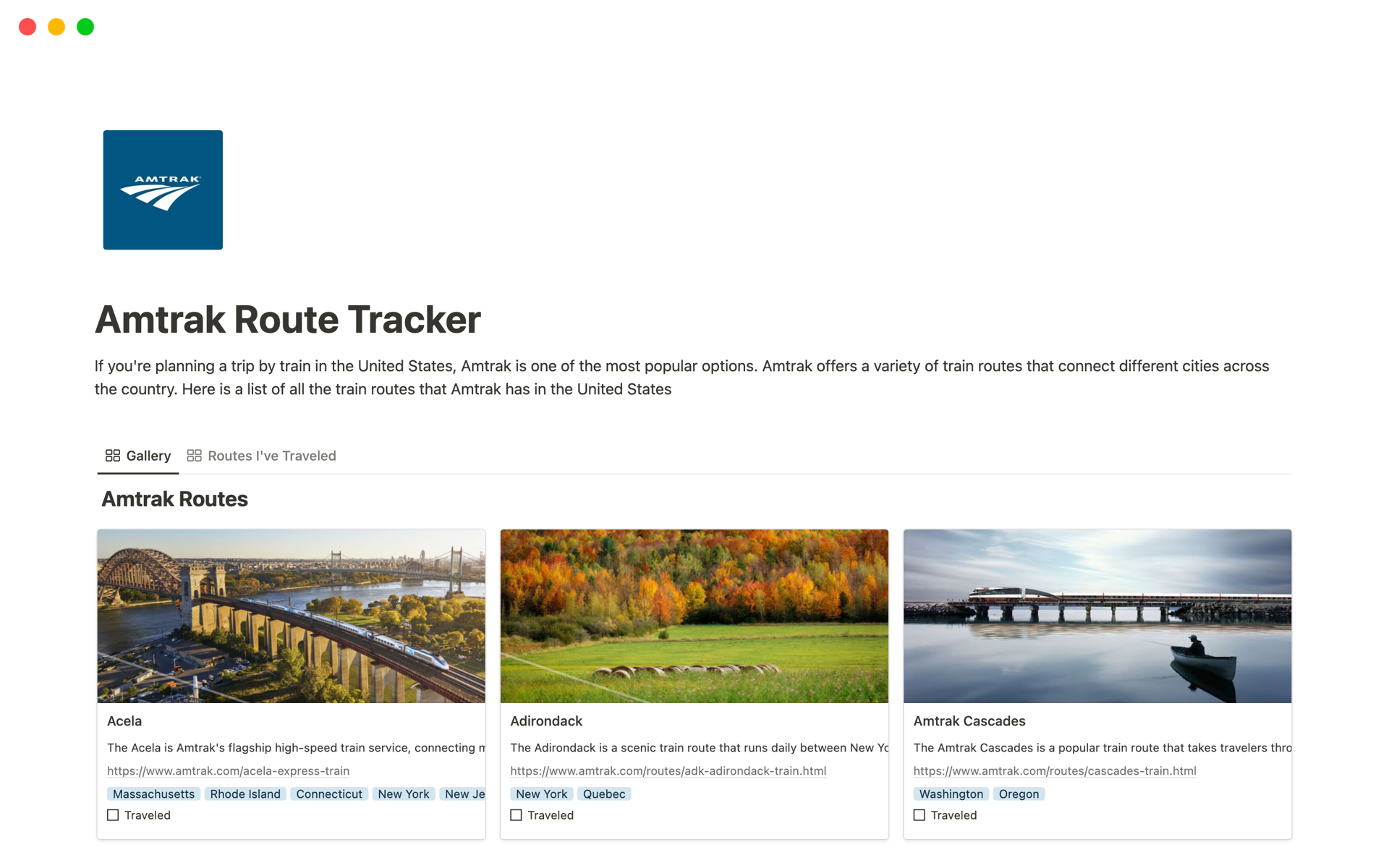 A template preview for Amtrak Route Tracker
