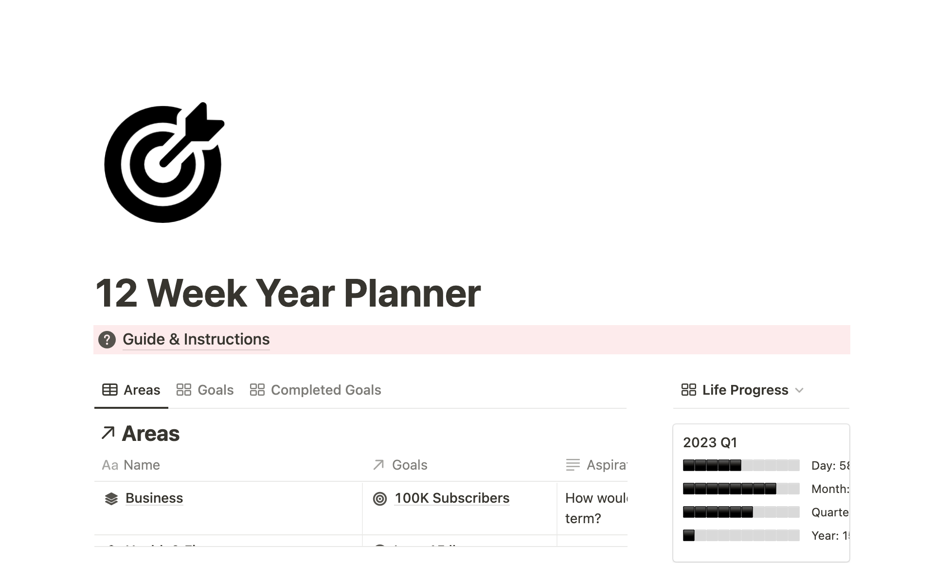 A template preview for 12 Week Year Planner