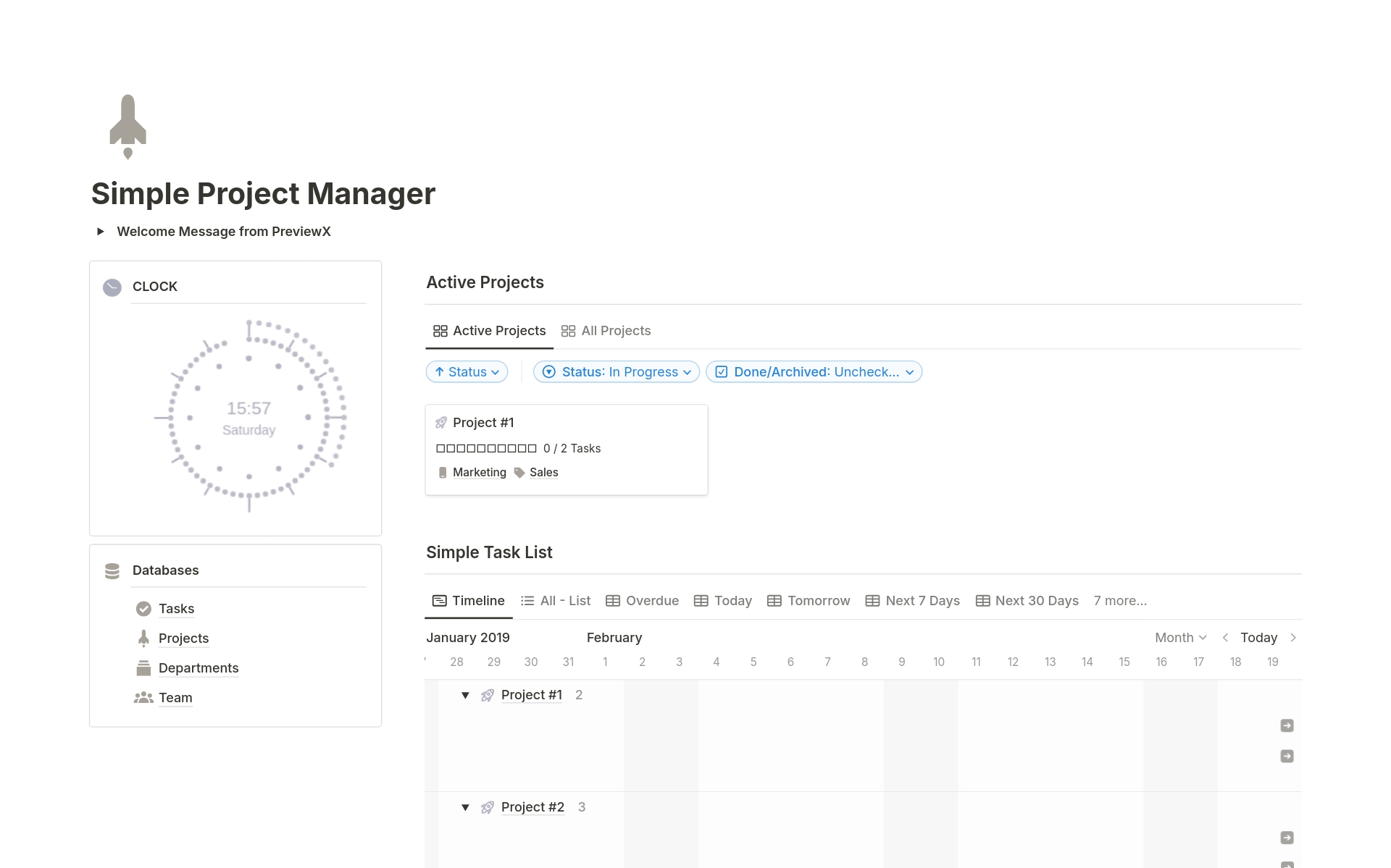 A template preview for Simple Project Manager