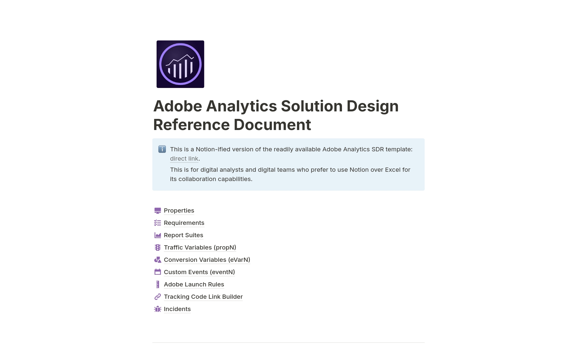 A template preview for Adobe Analytics SDR