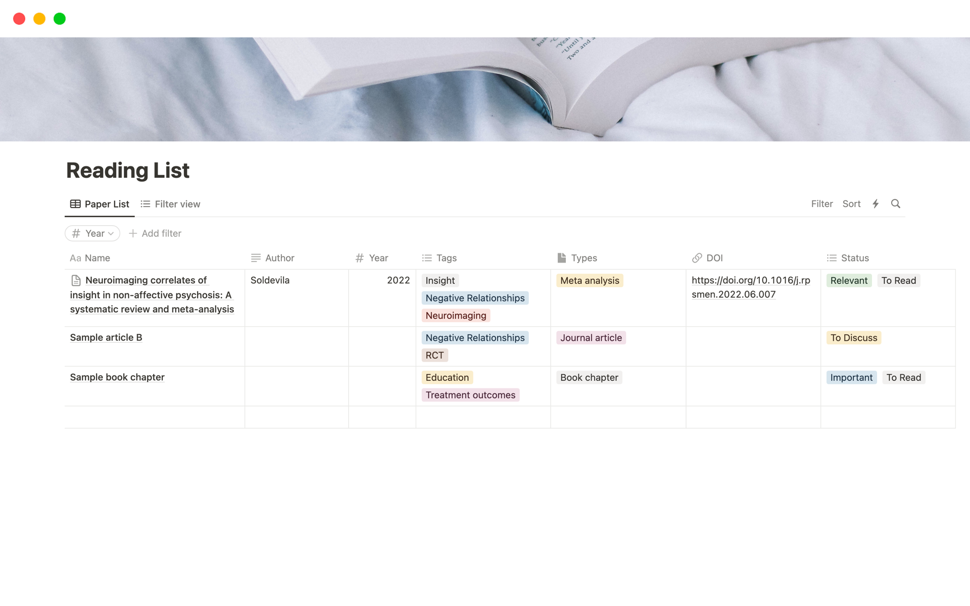 A template preview for Reading List for Journal Papers