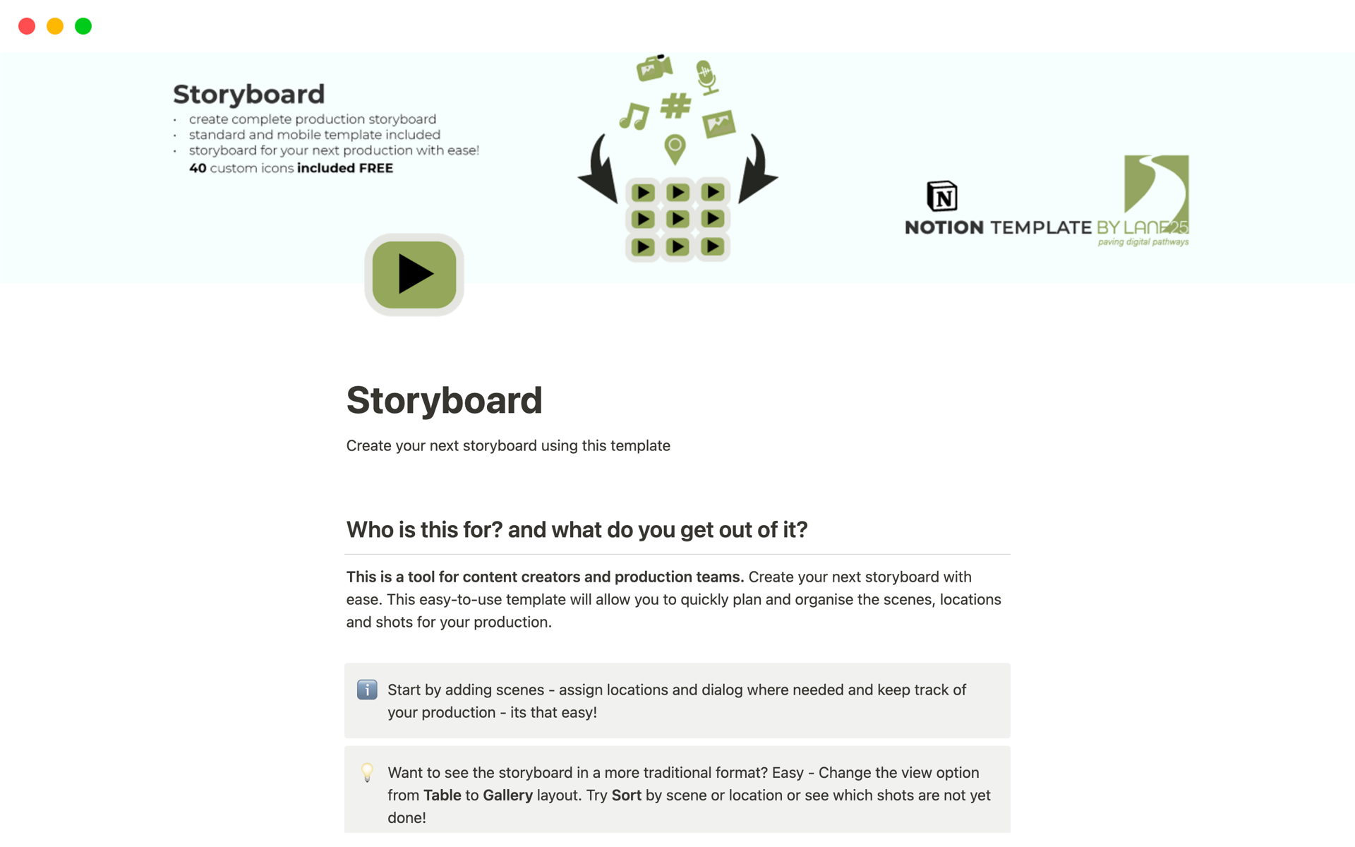 A template preview for Storyboard