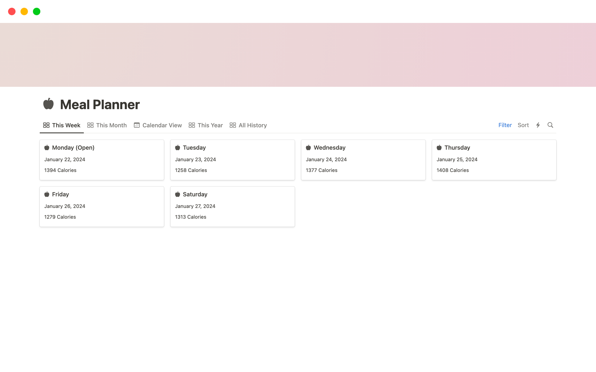 A template preview for Meal Planner