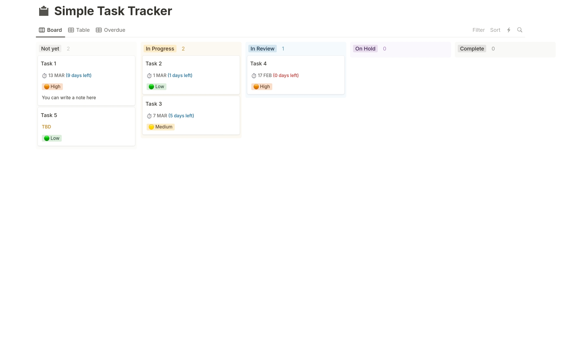 A template preview for Simple Task Tracker